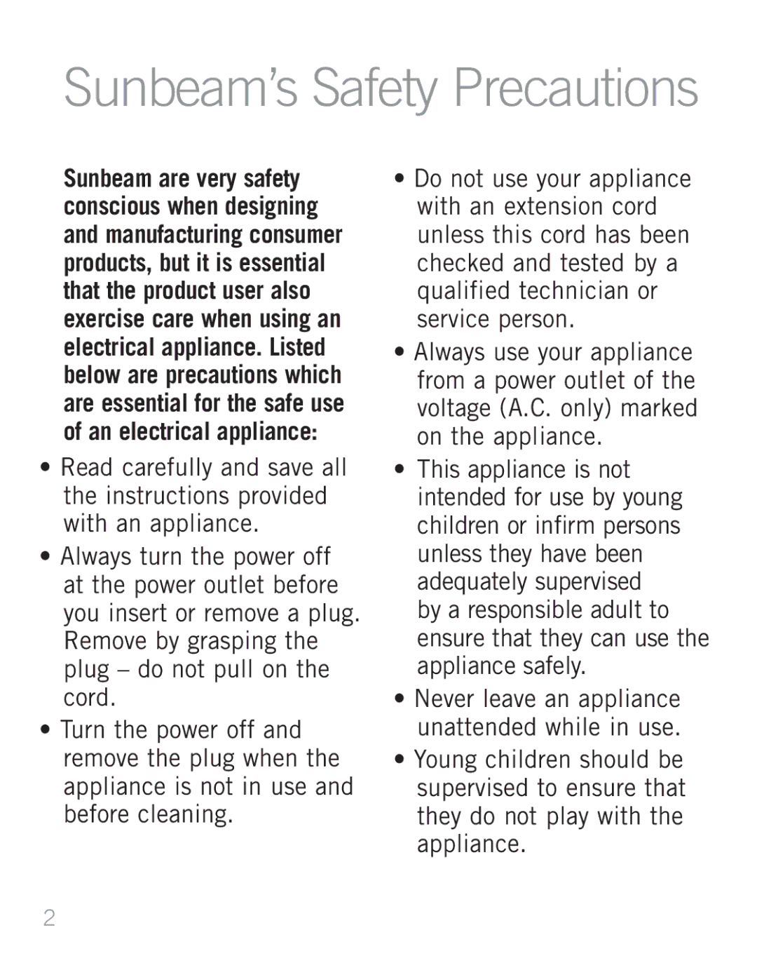 Sunbeam WD5800, WD5810 manual Sunbeam’s Safety Precautions 