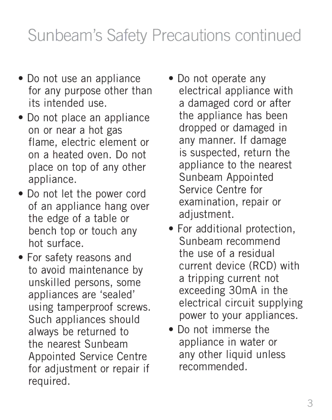 Sunbeam WD5810, WD5800 manual Sunbeam’s Safety Precautions 