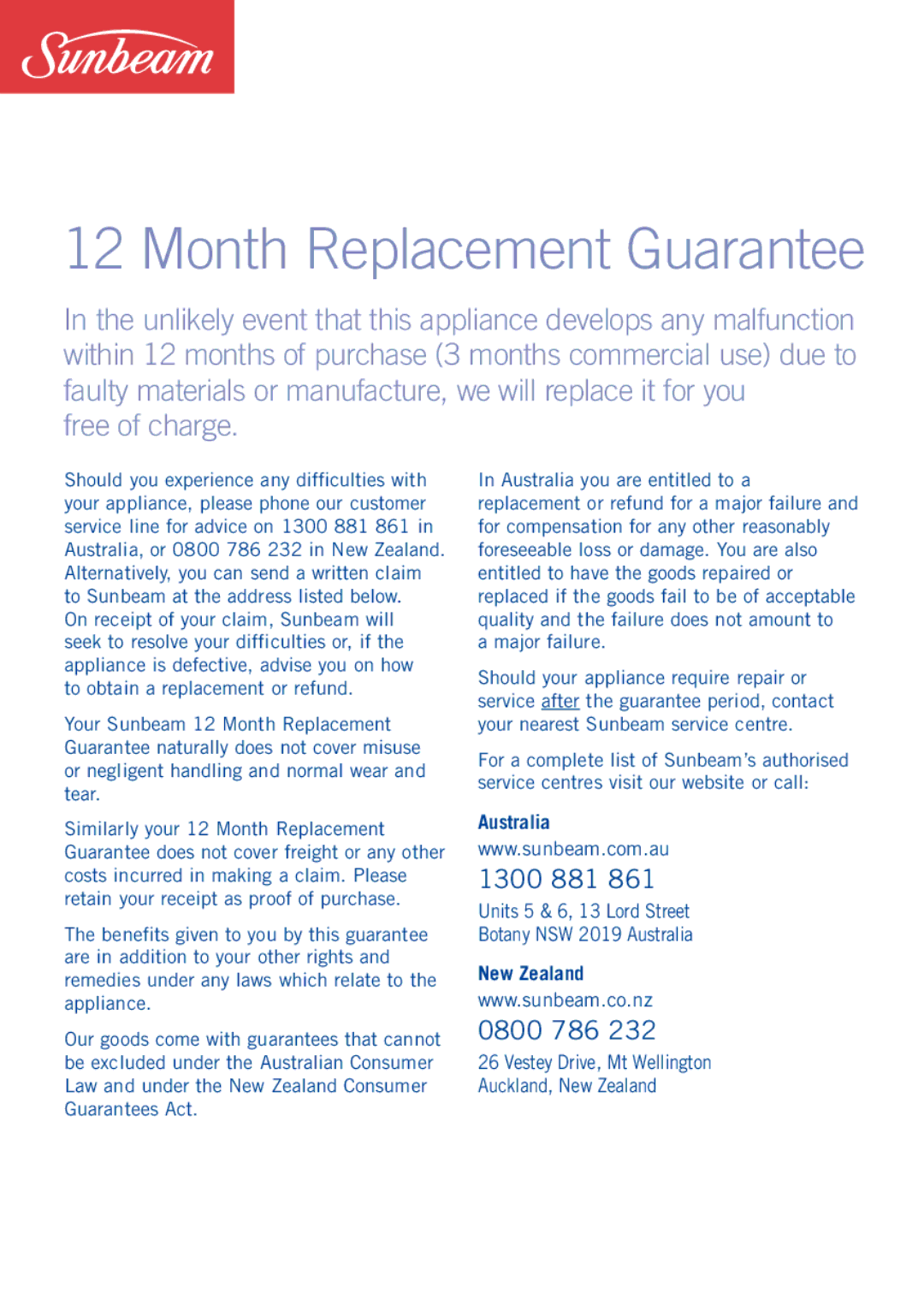 Sunbeam WF6000 manual Month Replacement Guarantee, Free of charge 