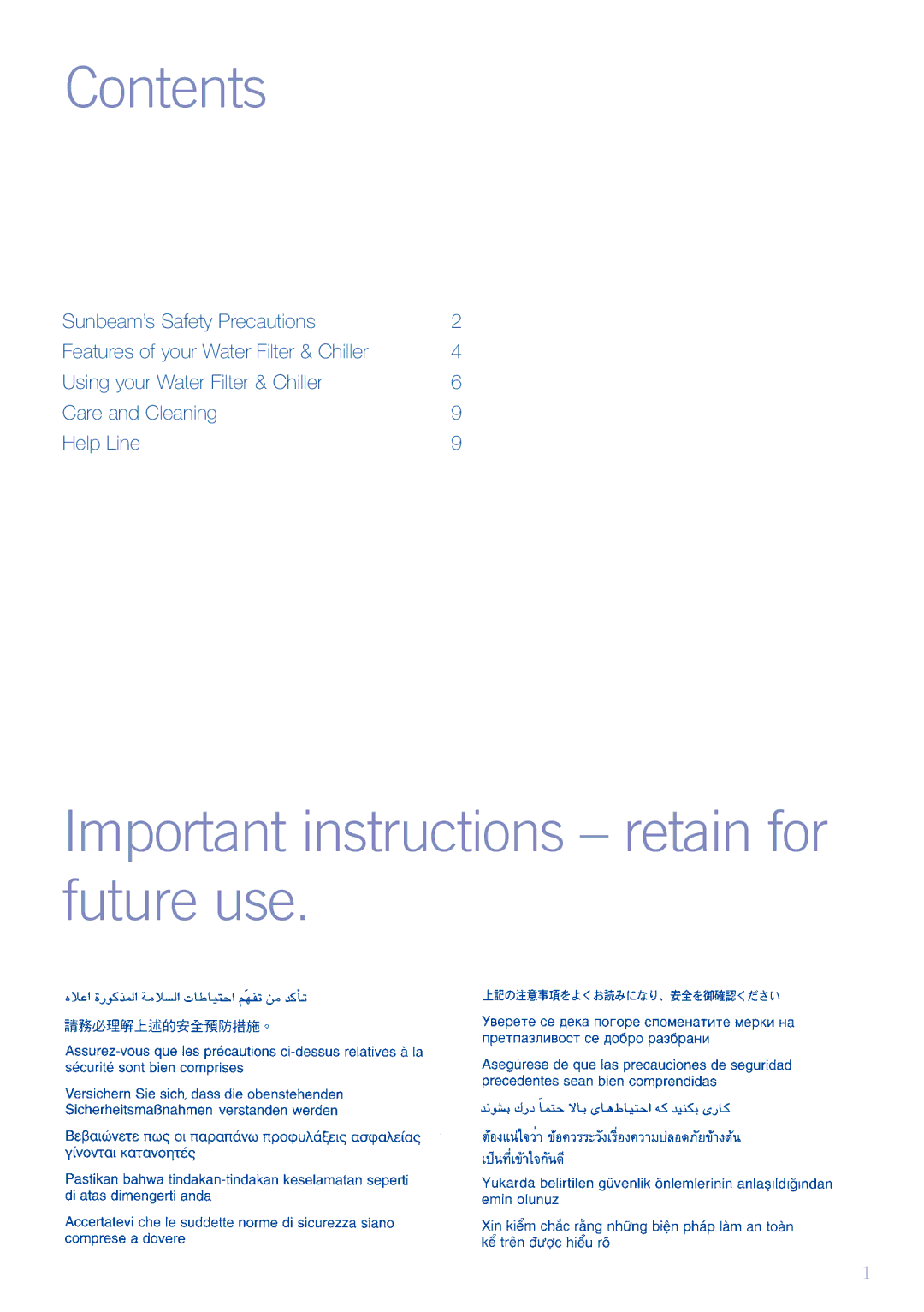 Sunbeam WF6000 manual Contents, Important instructions retain for future use 