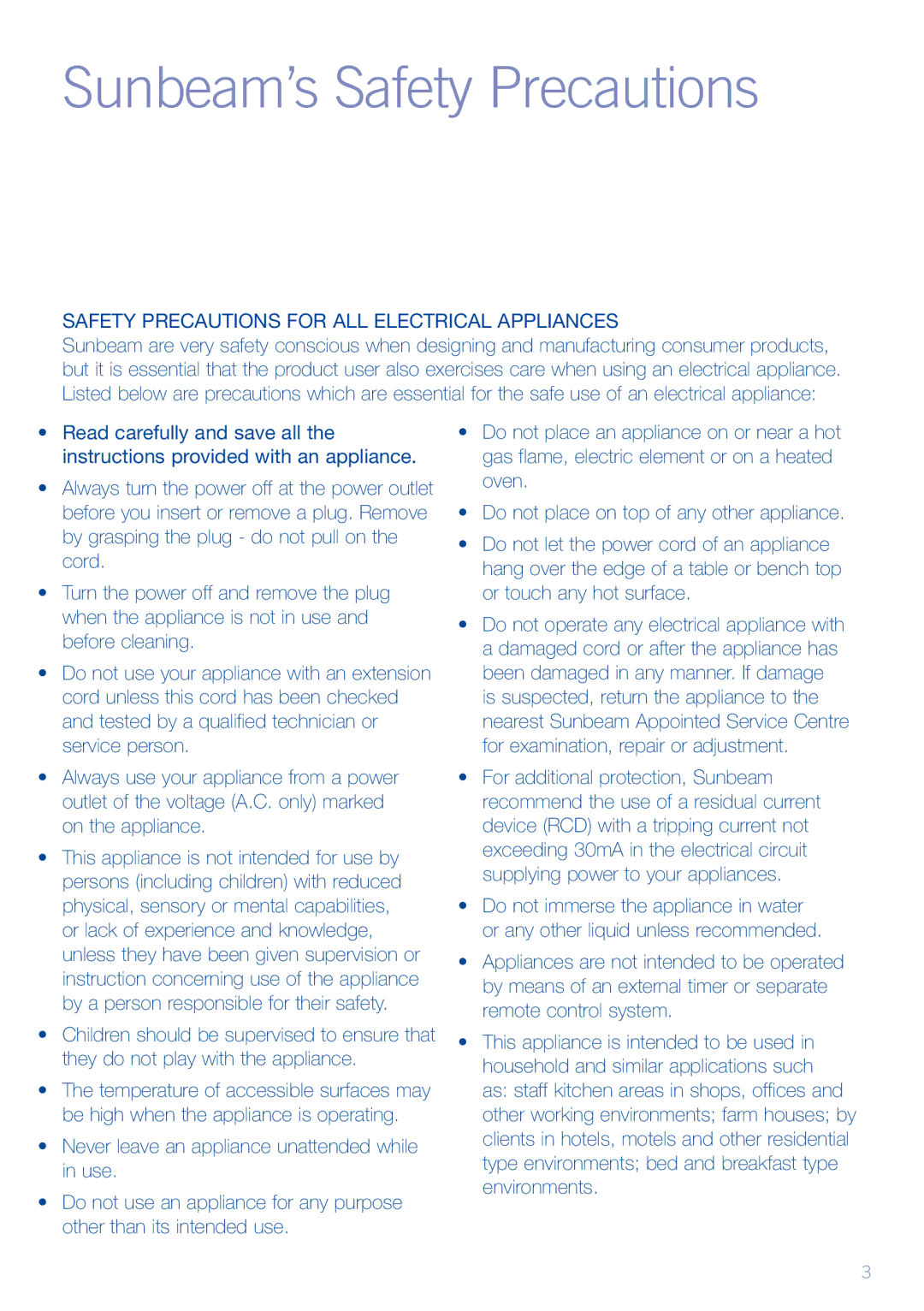 Sunbeam WF6000 manual Safety Precautions for ALL Electrical Appliances 