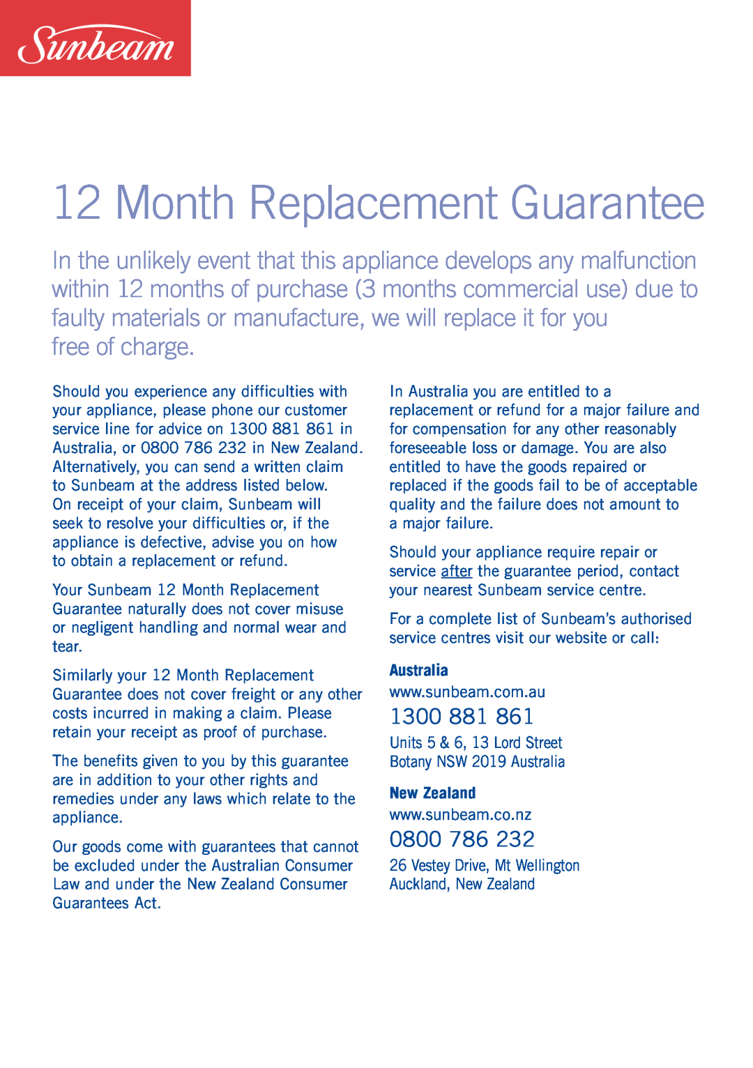 Sunbeam WF6000 manual Month Replacement Guarantee, 1300 881, 0800 786, Australia, New Zealand, free of charge 