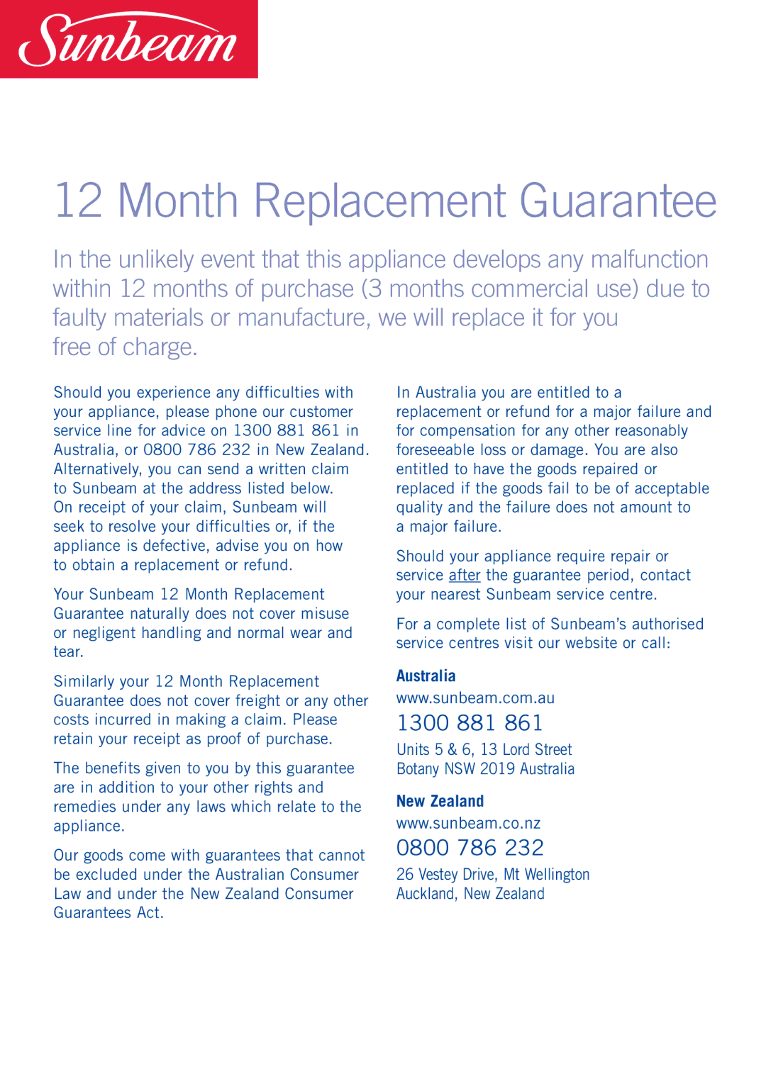 Sunbeam WF7400 manual Month Replacement Guarantee, Major failure, Units 5 & 6, 13 Lord Street Botany NSW 2019 Australia 