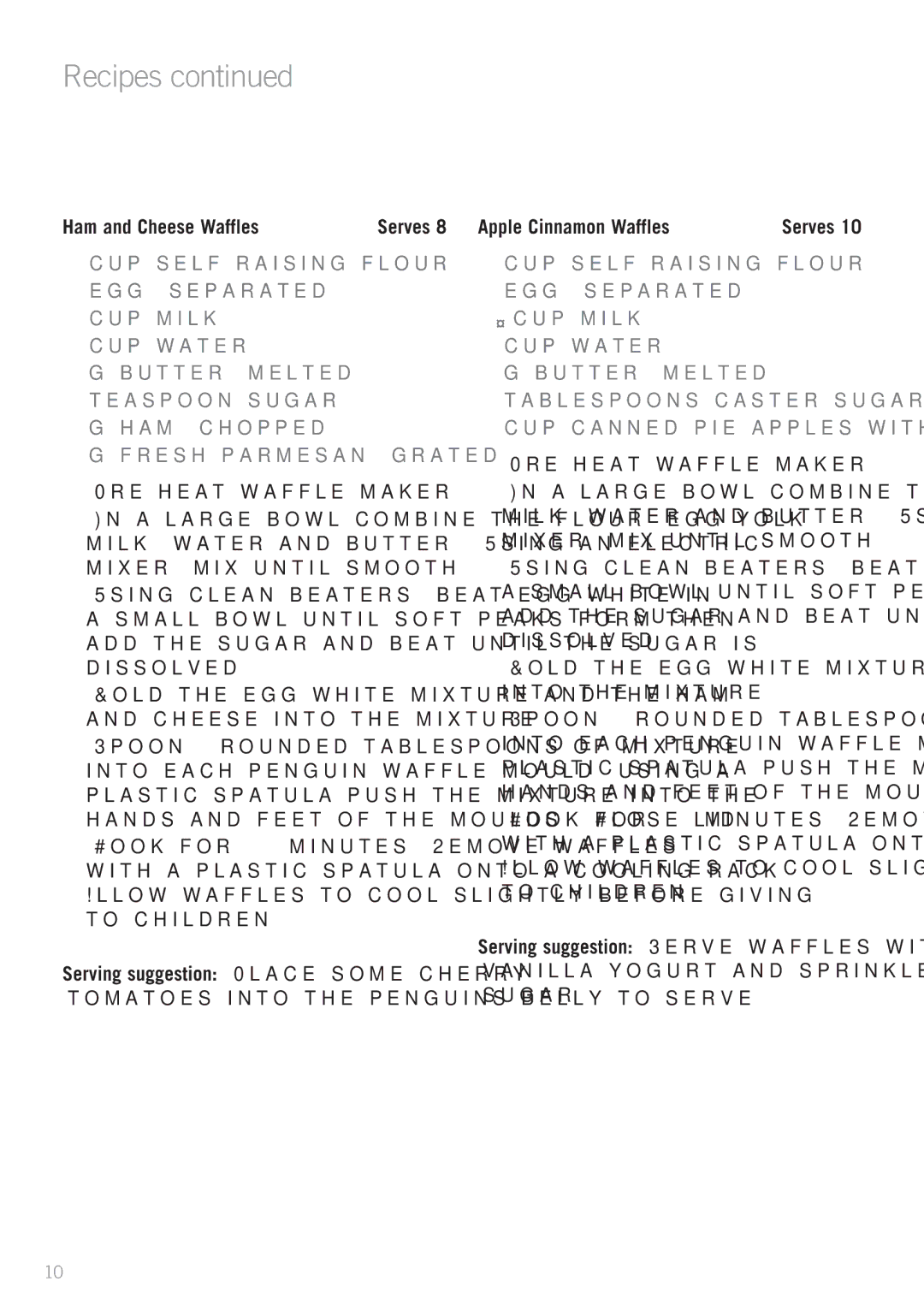 Sunbeam WM3100 manual Ham and Cheese Waffles, Apple Cinnamon Waffles 