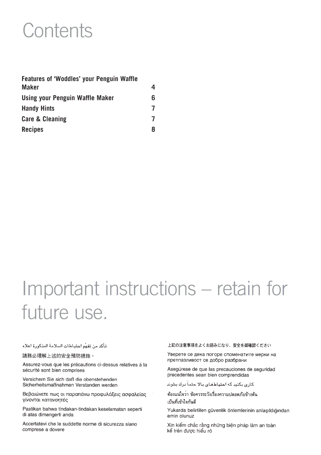 Sunbeam WM3100 manual Contents, Important instructions retain for future use 