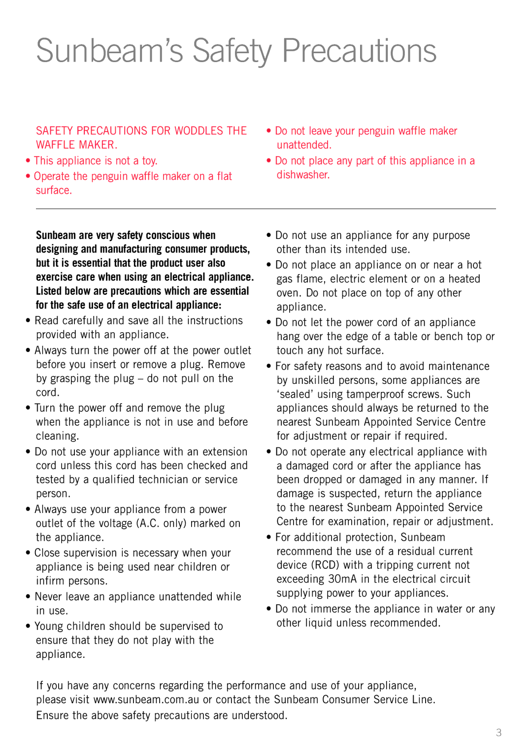 Sunbeam WM3100 manual Sunbeam’s Safety Precautions, Safety Precautions for Woddles the Waffle Maker 