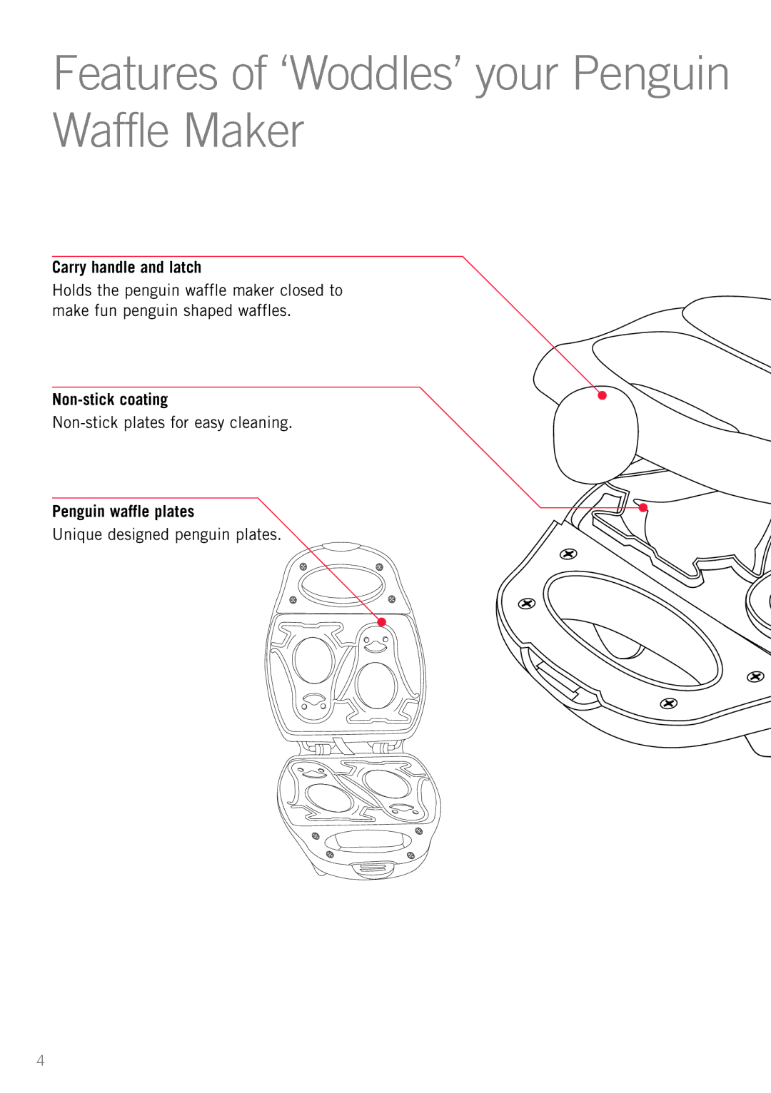 Sunbeam WM3100 manual Features of ‘Woddles’ your Penguin Waffle Maker, Carry handle and latch, Non-stick coating 