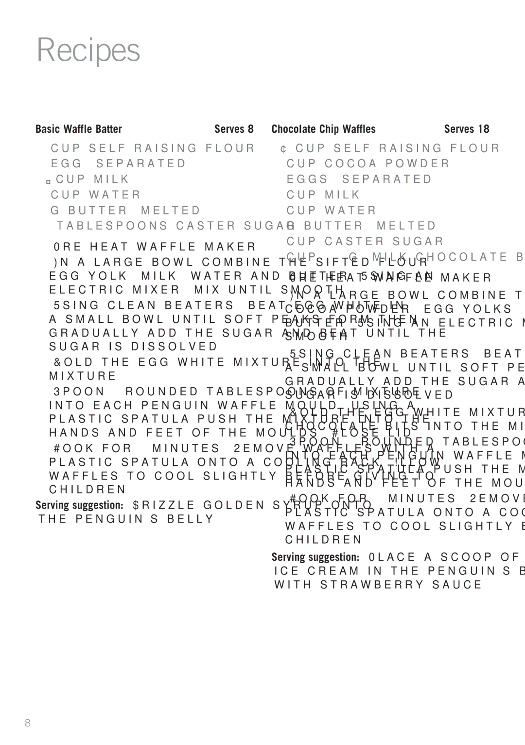 Sunbeam WM3100 manual Recipes, Basic Waffle Batter, Chocolate Chip Waffles 