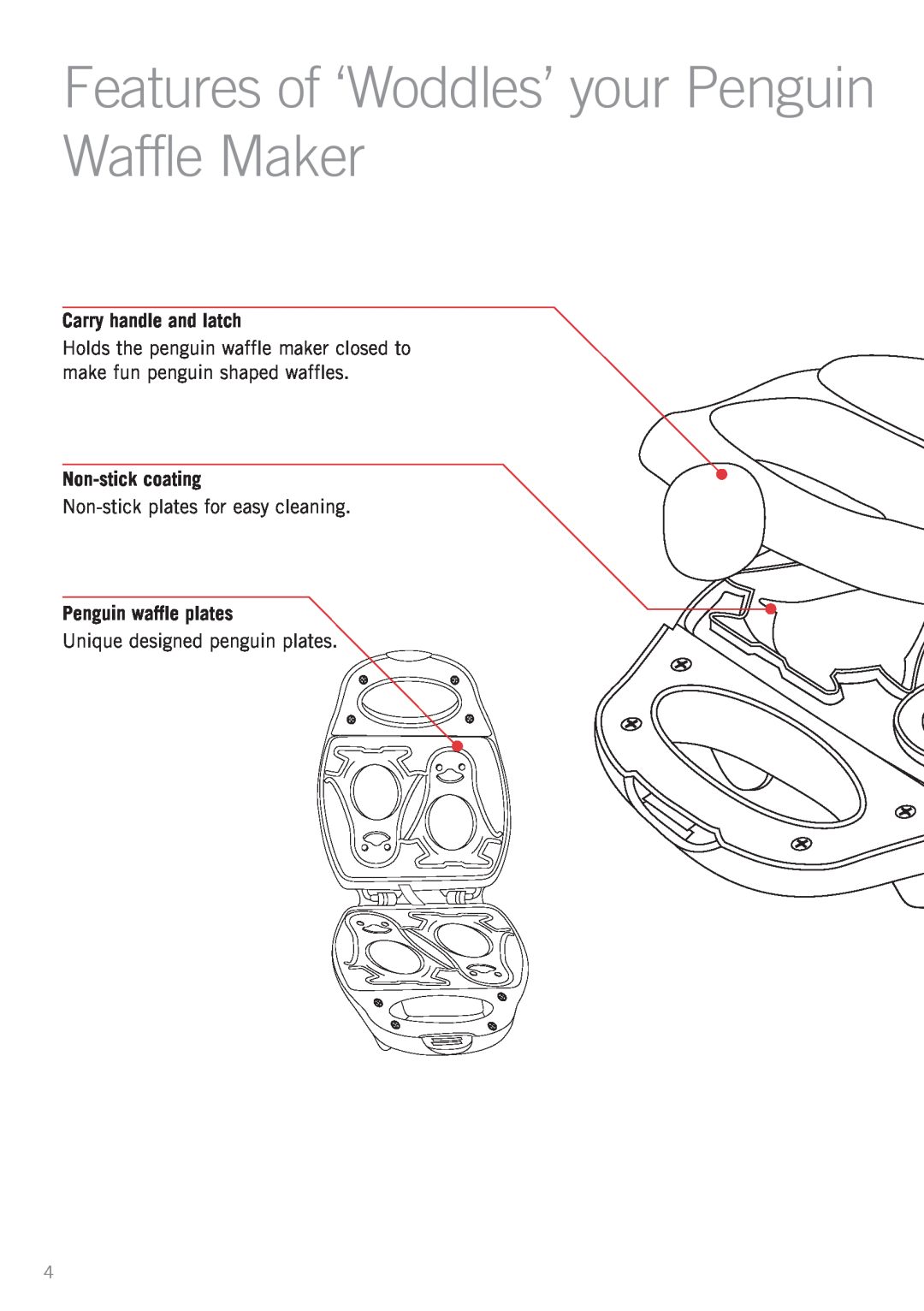 Sunbeam WM3100 manual Features of ‘Woddles’ your Penguin Waffle Maker, Carry handle and latch, Non-stickcoating 