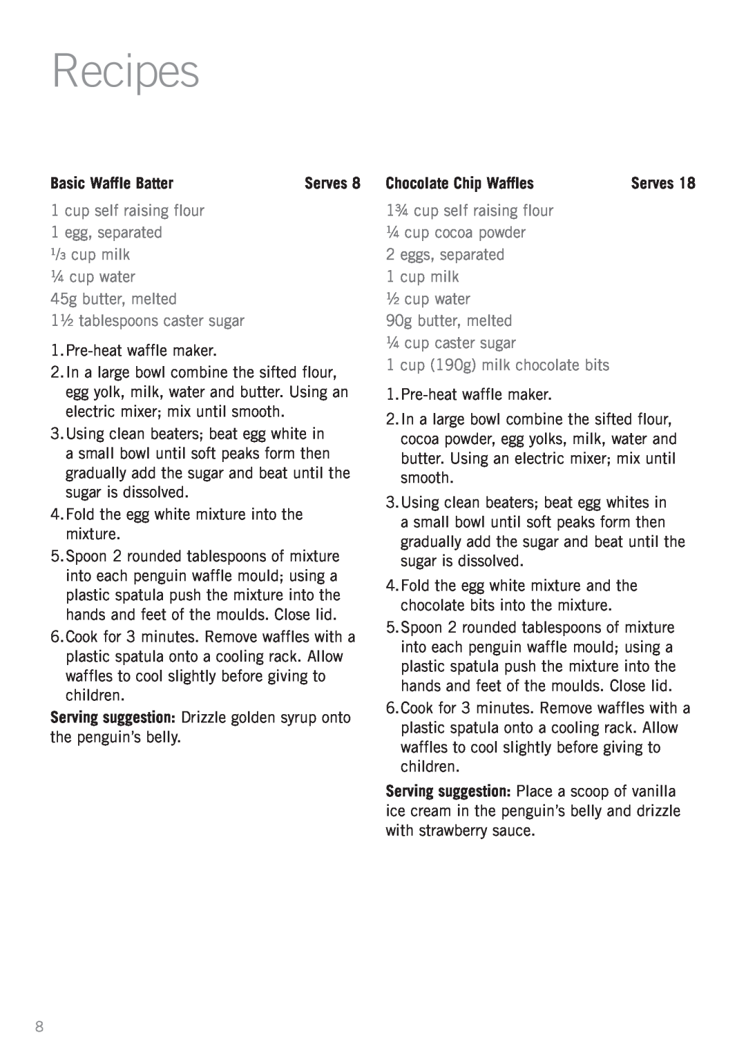 Sunbeam WM3100 manual Recipes, Basic Waffle Batter, cup self raising flour, ¼ cup water 45g butter, melted 