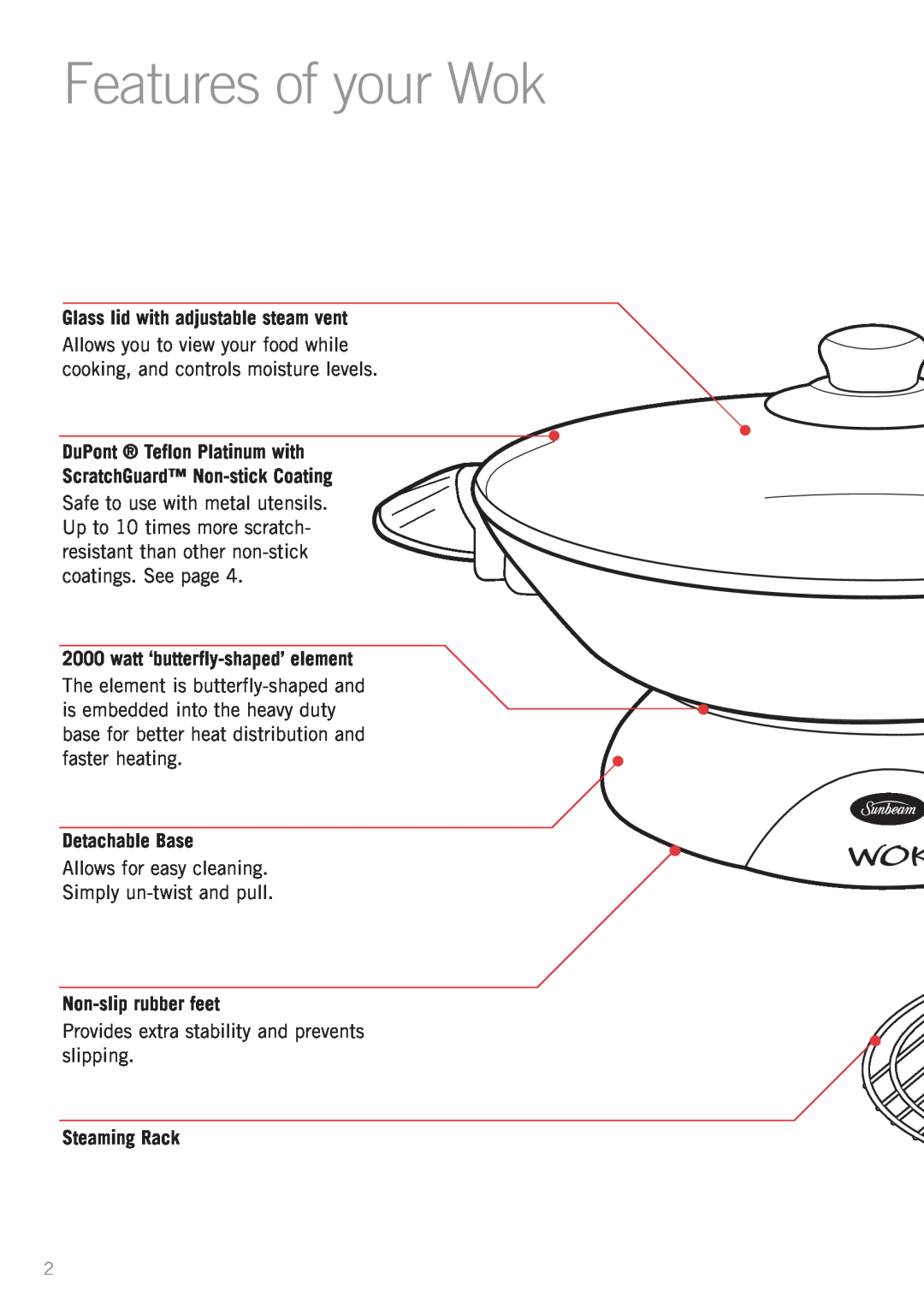 Sunbeam WW4300 Features of your Wok, Glass lid with adjustable steam vent, DuPont Teflon Platinum with, Detachable Base 