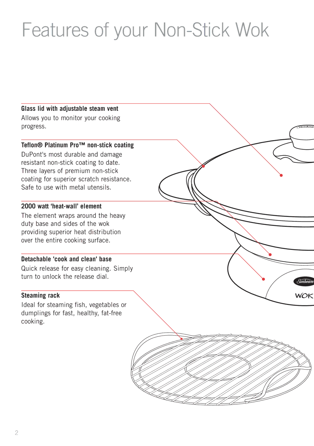 Sunbeam WW4500D manual Features of your Non-Stick Wok 