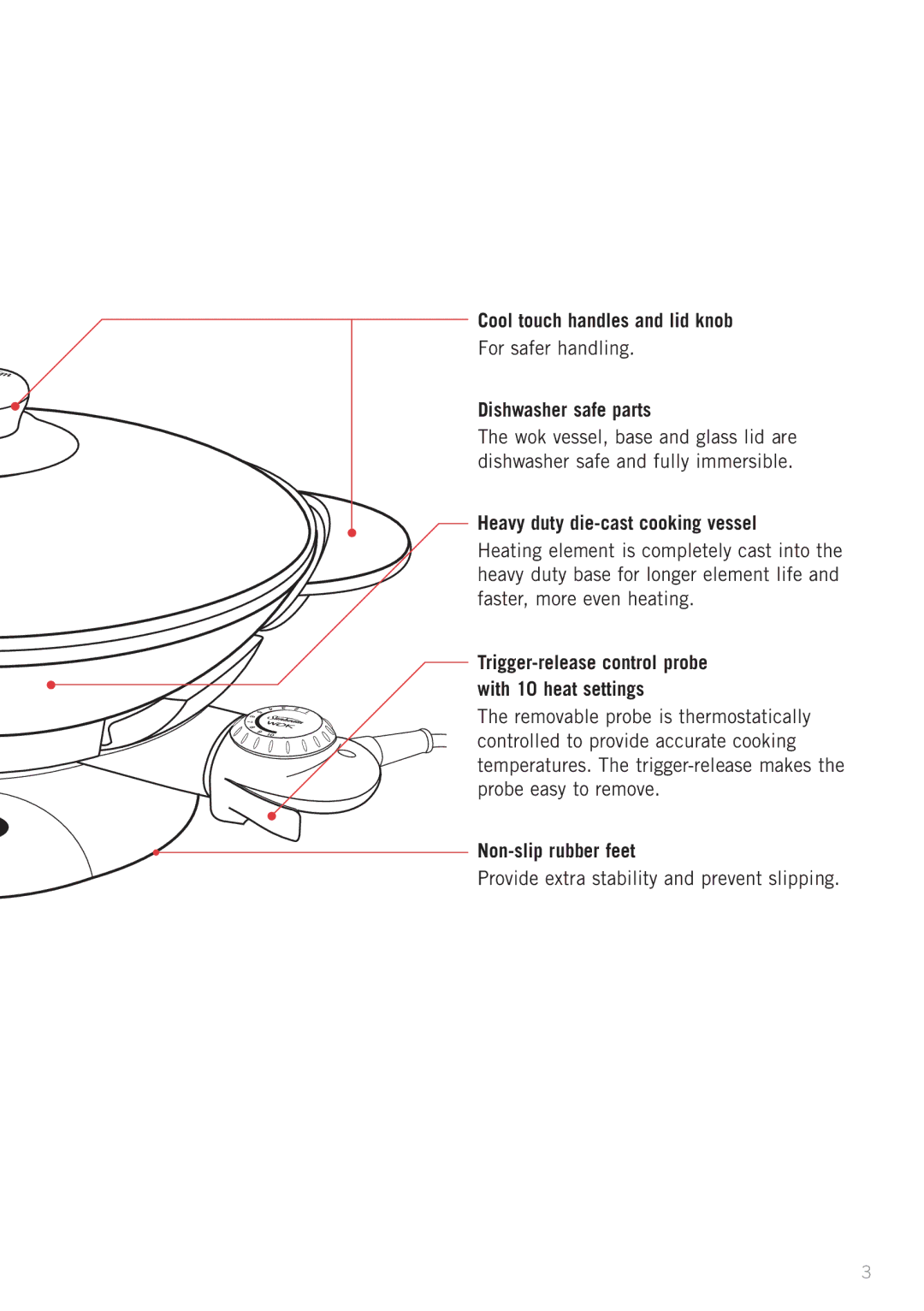 Sunbeam WW4500D manual Cool touch handles and lid knob, Dishwasher safe parts, Heavy duty die-cast cooking vessel 