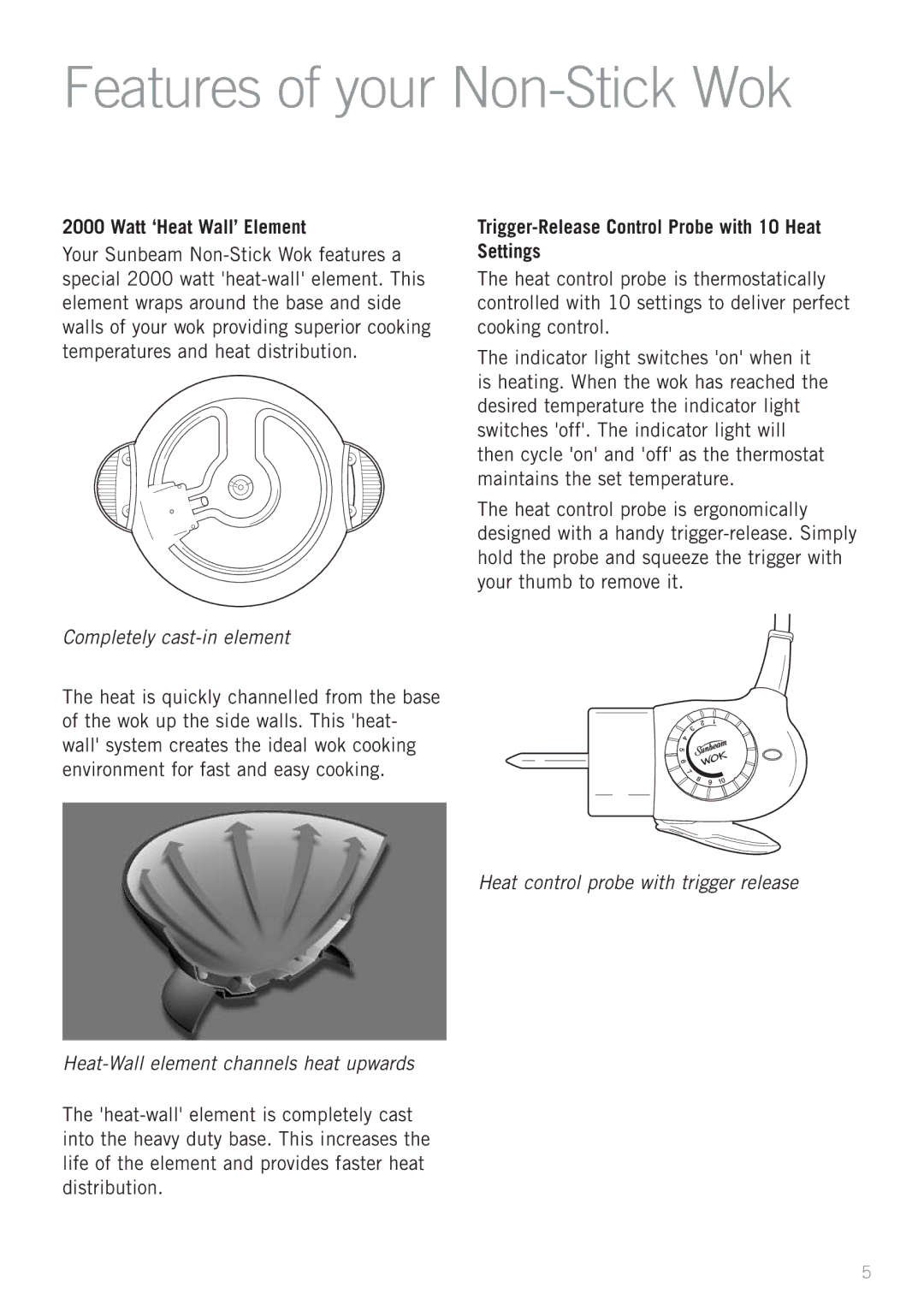 Sunbeam WW4500D manual Watt ‘Heat Wall’ Element, Trigger-Release Control Probe with 10 Heat Settings 