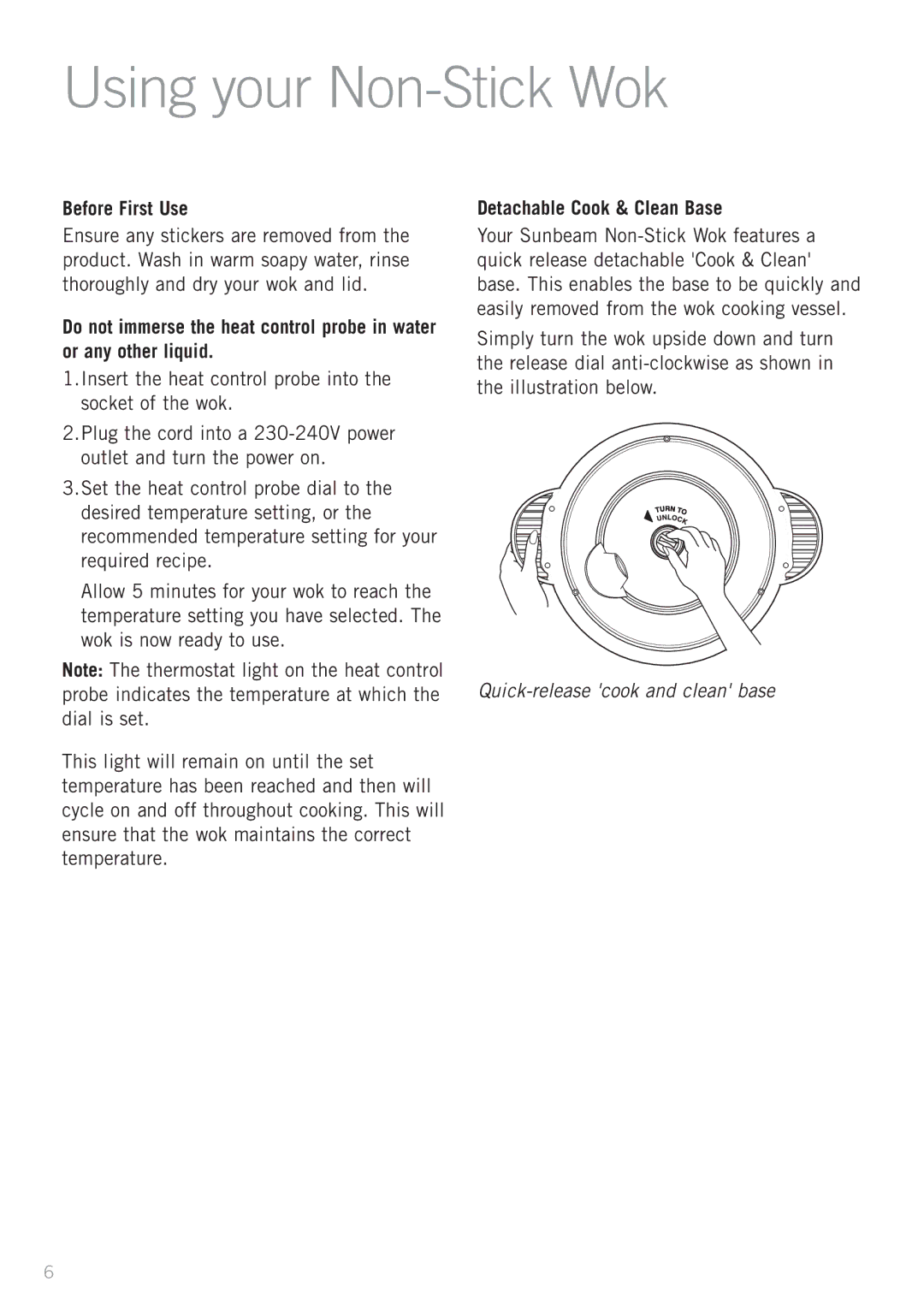 Sunbeam WW4500D manual Using your Non-Stick Wok, Before First Use, Detachable Cook & Clean Base 