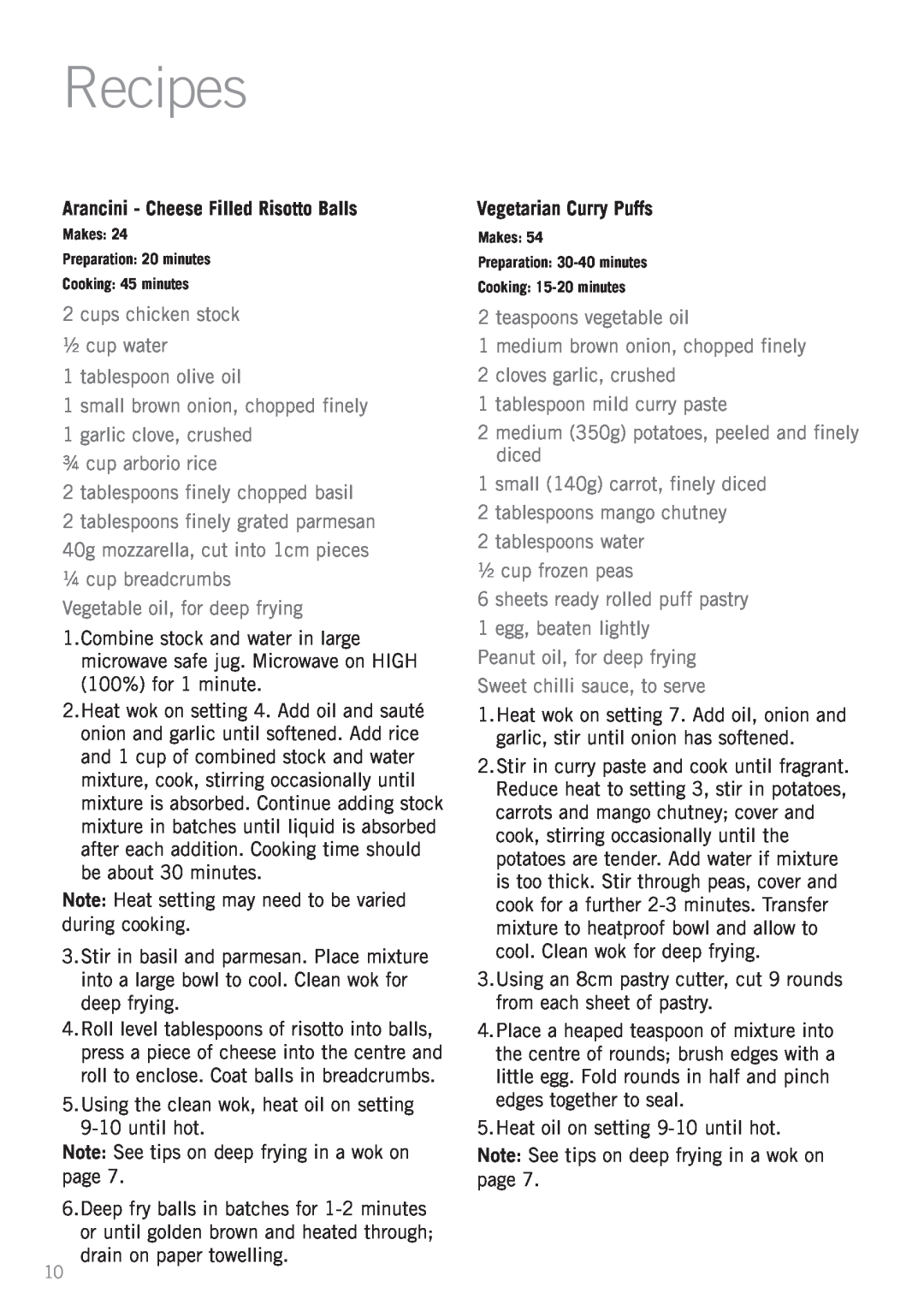 Sunbeam WW4500D manual Recipes, Arancini - Cheese Filled Risotto Balls, Vegetarian Curry Puffs 