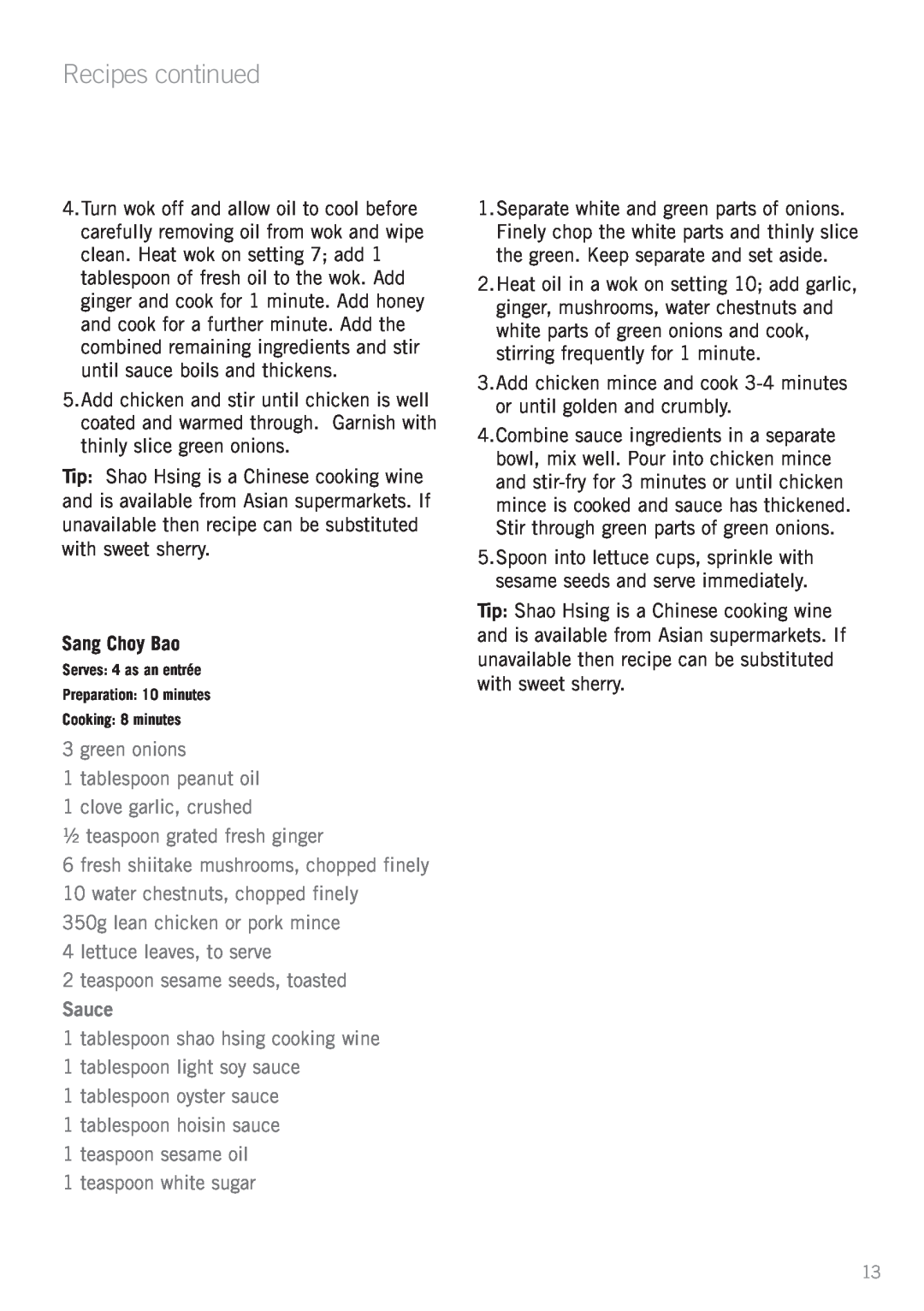 Sunbeam WW4500D manual Sang Choy Bao, Sauce, Recipes continued 