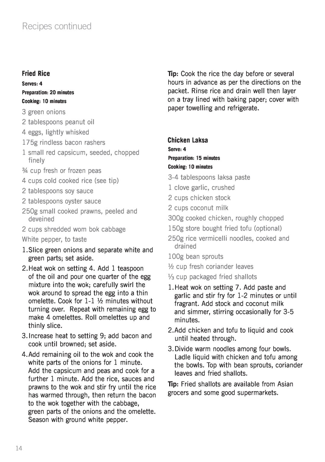 Sunbeam WW4500D manual Fried Rice, Chicken Laksa, Recipes continued 