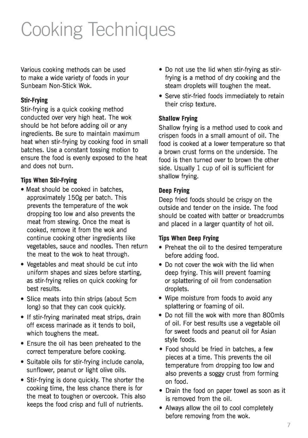 Sunbeam WW4500D manual Cooking Techniques, Tips When Stir-Frying, Shallow Frying, Tips When Deep Frying 