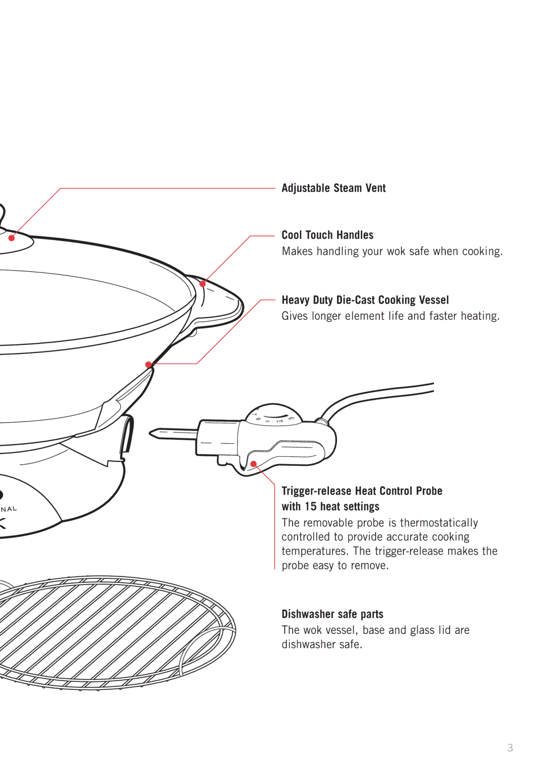 Sunbeam WW7500 manual Adjustable Steam Vent Cool Touch Handles, Heavy Duty Die-Cast Cooking Vessel, Dishwasher safe parts 