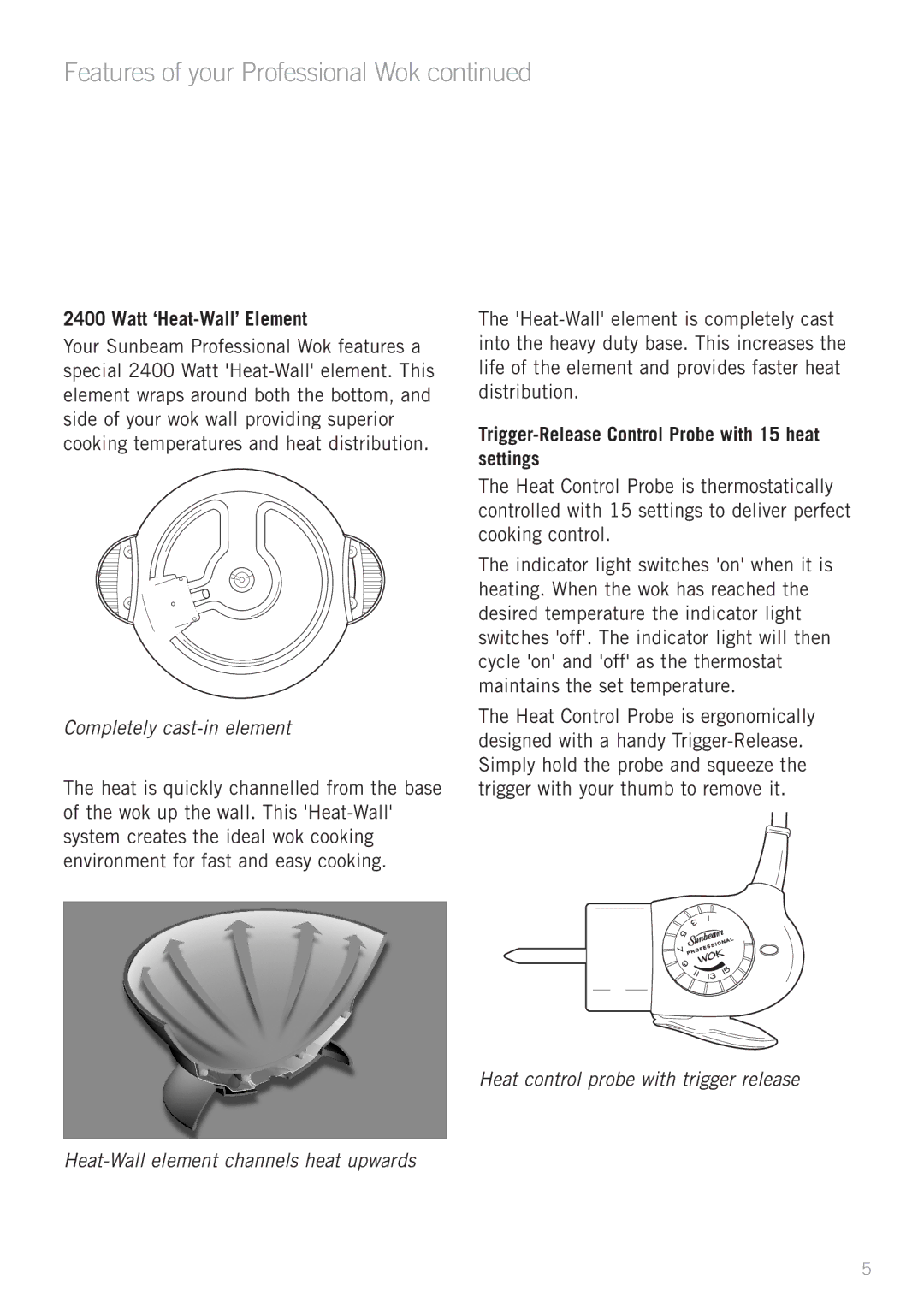 Sunbeam WW7500 manual Features of your Professional Wok, Trigger-Release Control Probe with 15 heat settings 