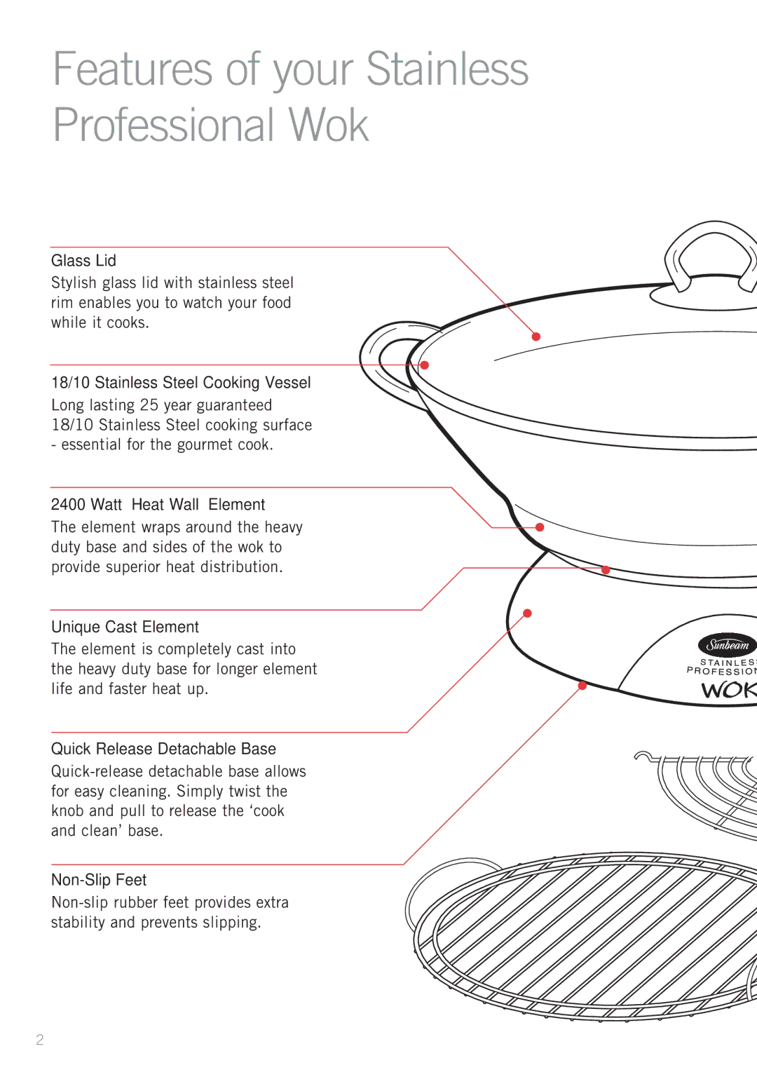 Sunbeam WW8900 manual Glass Lid, 18/10 Stainless Steel Cooking Vessel, Watt ‘Heat Wall’ Element, Unique Cast Element 