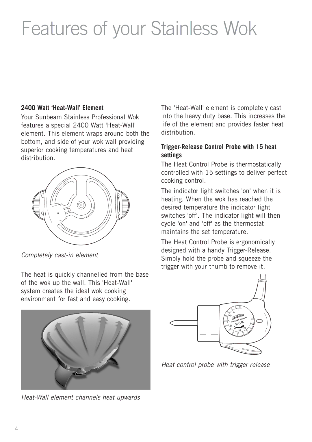 Sunbeam WW8900 manual Features of your Stainless Wok, Watt ‘Heat-Wall’ Element 