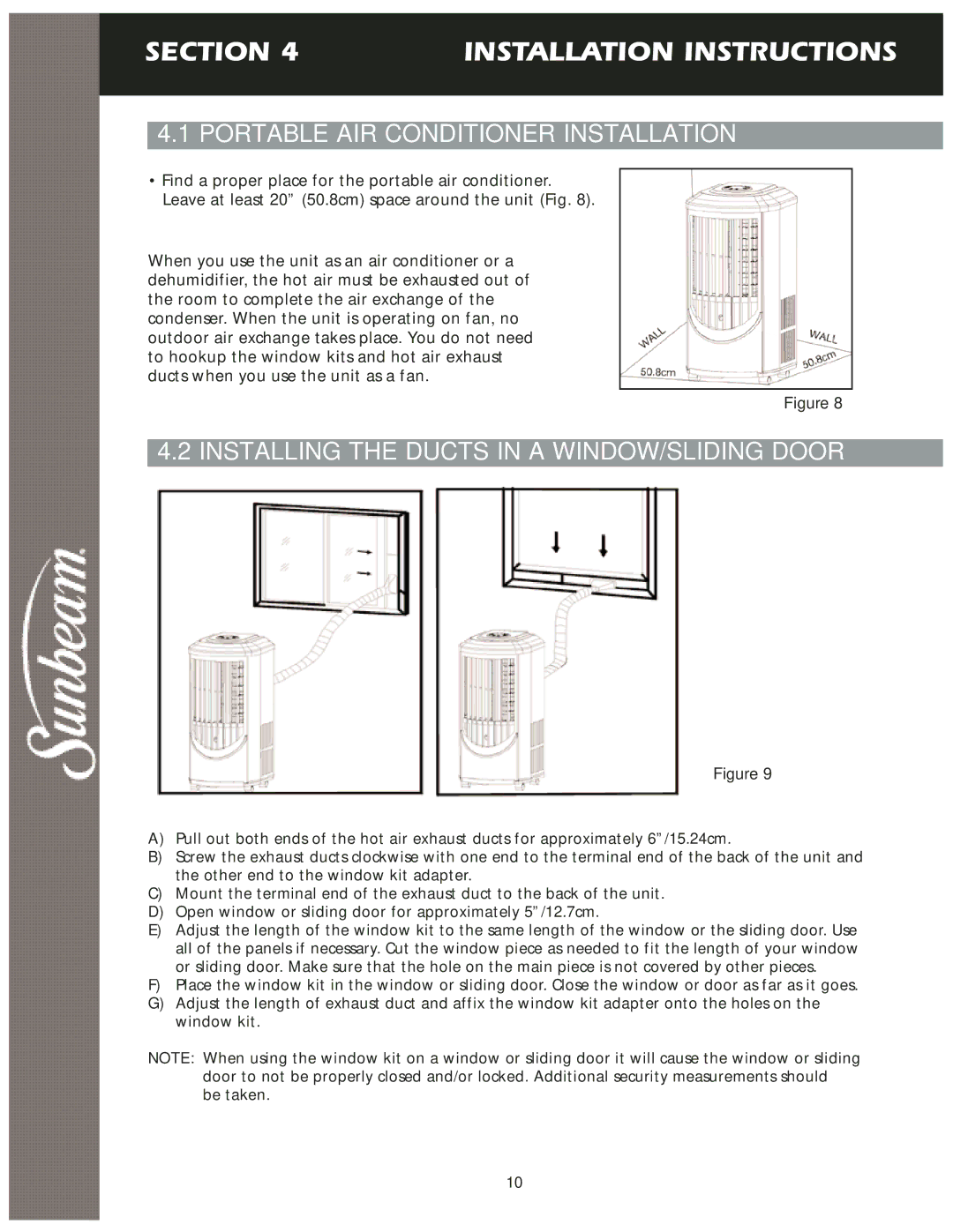 Sunbeam KY-25 user manual Section Installation Instructions, Portable AIR Conditioner Installation 