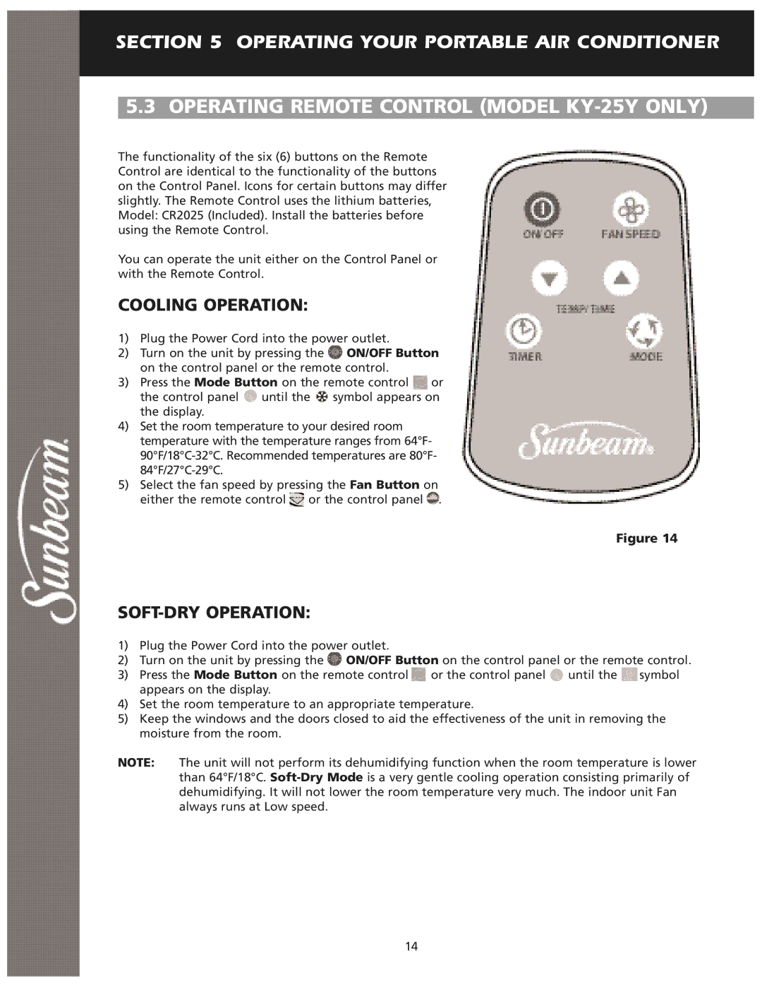 Sunbeam user manual Operating Remote Control Model KY-25Y only, Cooling Operation, SOFT-DRY Operation 