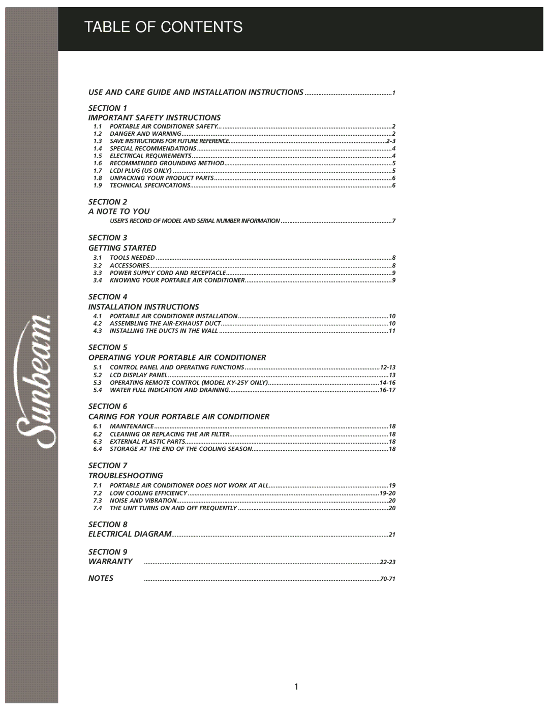 Sunbeam KY-25 user manual Table of Contents 