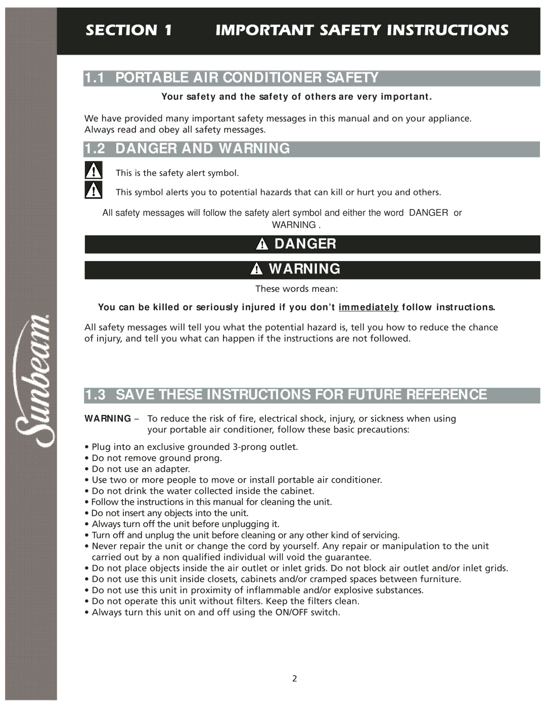 Sunbeam KY-25 Important Safety Instructions, Portable AIR Conditioner Safety, Save These Instructions for Future Reference 