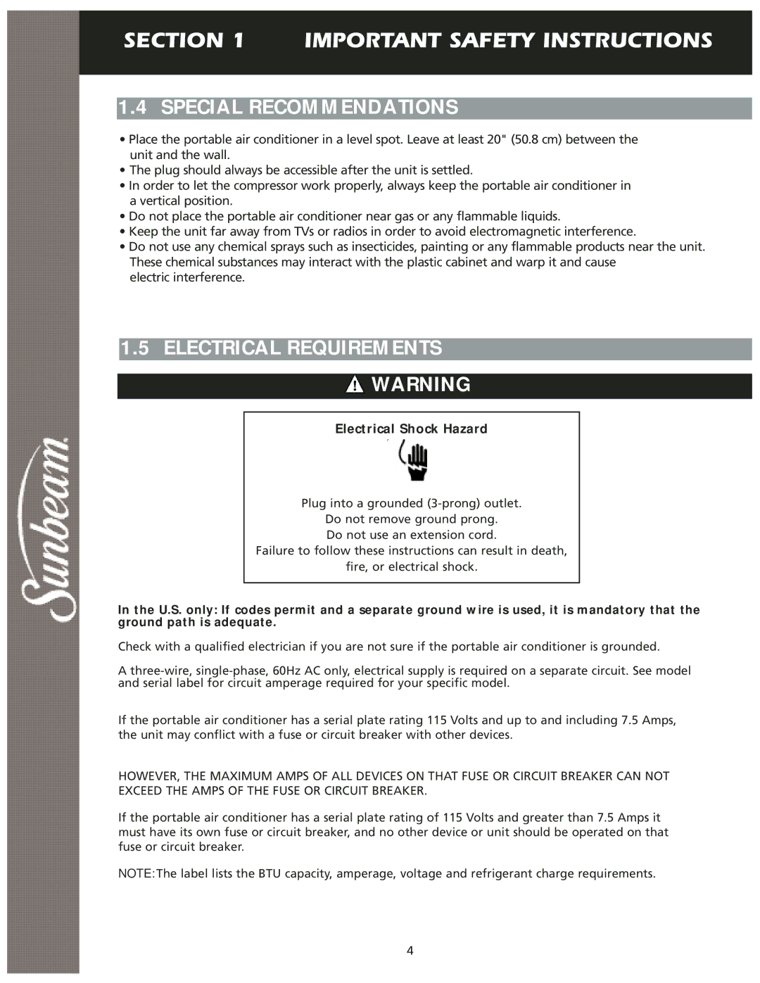 Sunbeam KY-25 user manual Special Recommendations, Electrical Requirements, Electrical Shock Hazard 