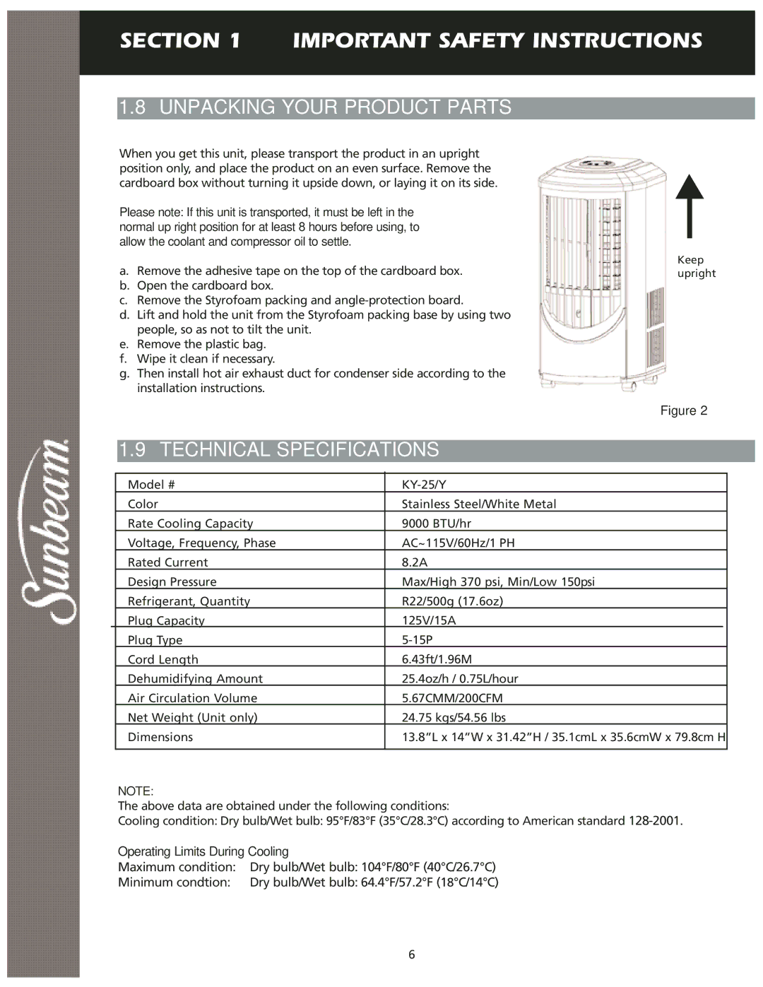 Sunbeam KY-25 user manual Unpacking Your Product Parts, Technical Specifications, Operating Limits During Cooling 