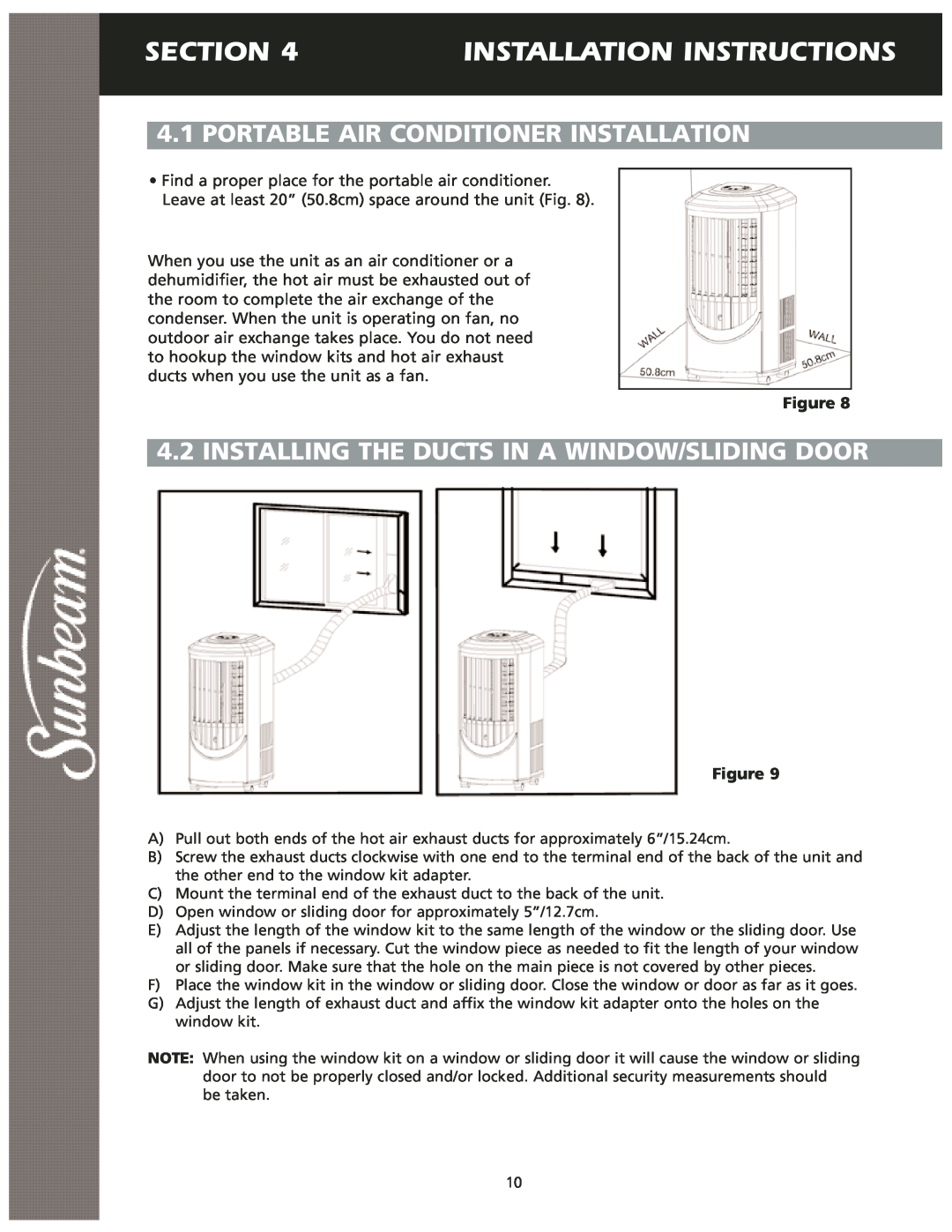 Sunbeam KY-25 user manual Installation Instructions, 4.1PORTABLE AIR CONDITIONER INSTALLATION, Section 