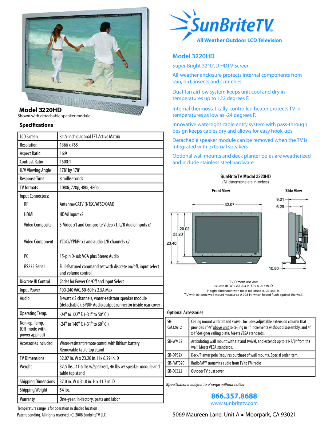 SunBriteTV 3220HD manual Speciﬁcations, Optional Accessories 