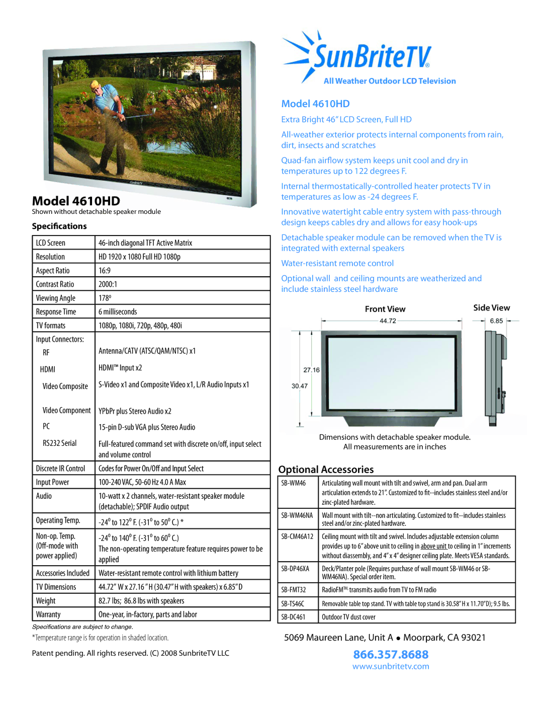 SunBriteTV 4610HD manual TV Dimensions, Patent pending. All rights reserved. C 2008 SunbriteTV LLC, Zinc-plated hardware 