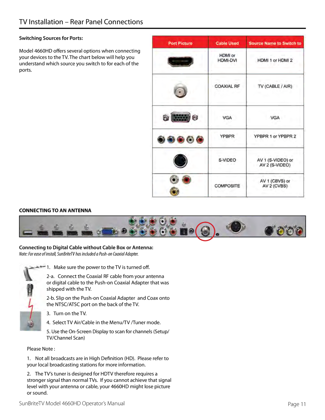 SunBriteTV 46-006-4660HD-111005 Switching Sources for Ports, Connecting to Digital Cable without Cable Box or Antenna 