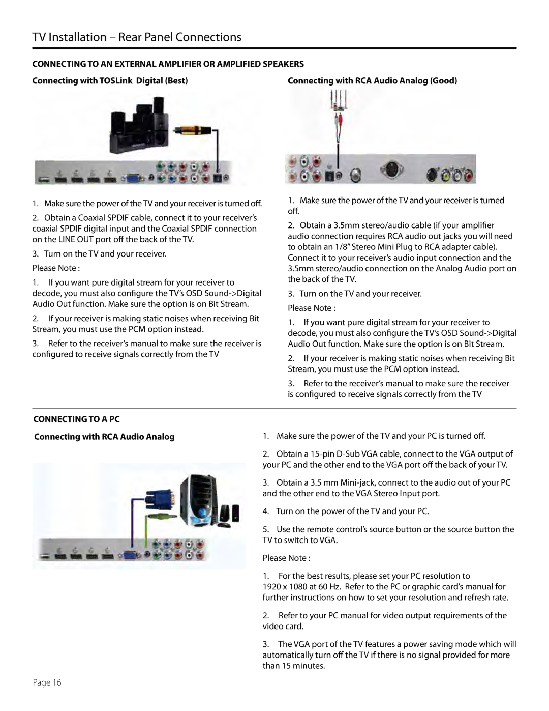 SunBriteTV SB-4660HD-SL, SB-4660HD-BL manual Connecting with TOSLink Digital Best, Connecting with RCA Audio Analog 