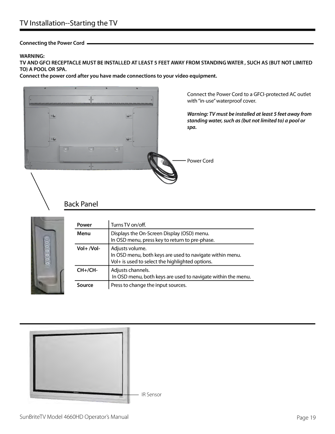 SunBriteTV 46-006-4660HD-111005, SB-4660HD-SL, SB-4660HD-BL manual TV Installation--Starting the TV, Back Panel 