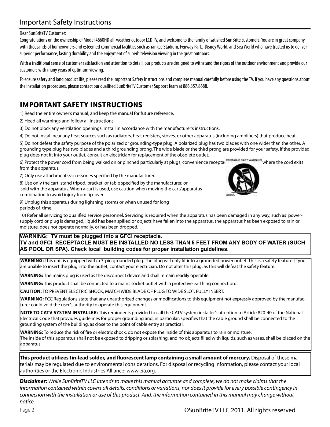 SunBriteTV SB-4660HD-BL, SB-4660HD-SL, 46-006-4660HD-111005 manual Important Safety Instructions, Dear SunBriteTV Customer 