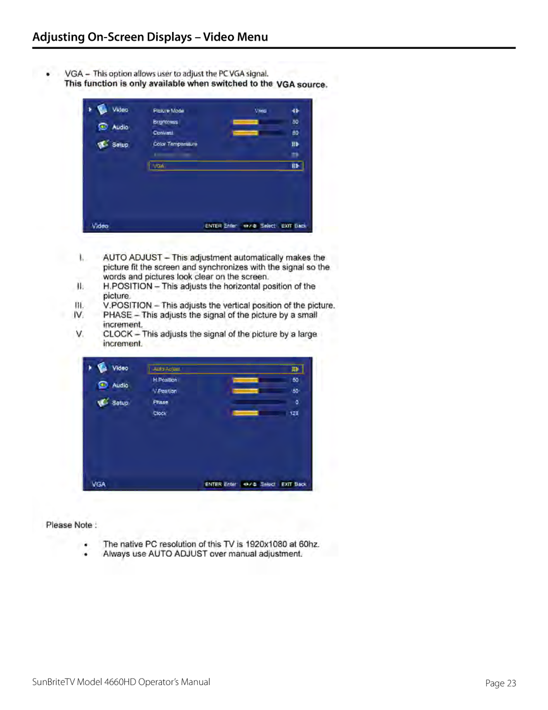 SunBriteTV 46-006-4660HD-111005, SB-4660HD-SL, SB-4660HD-BL manual Adjusting On-Screen Displays Video Menu 