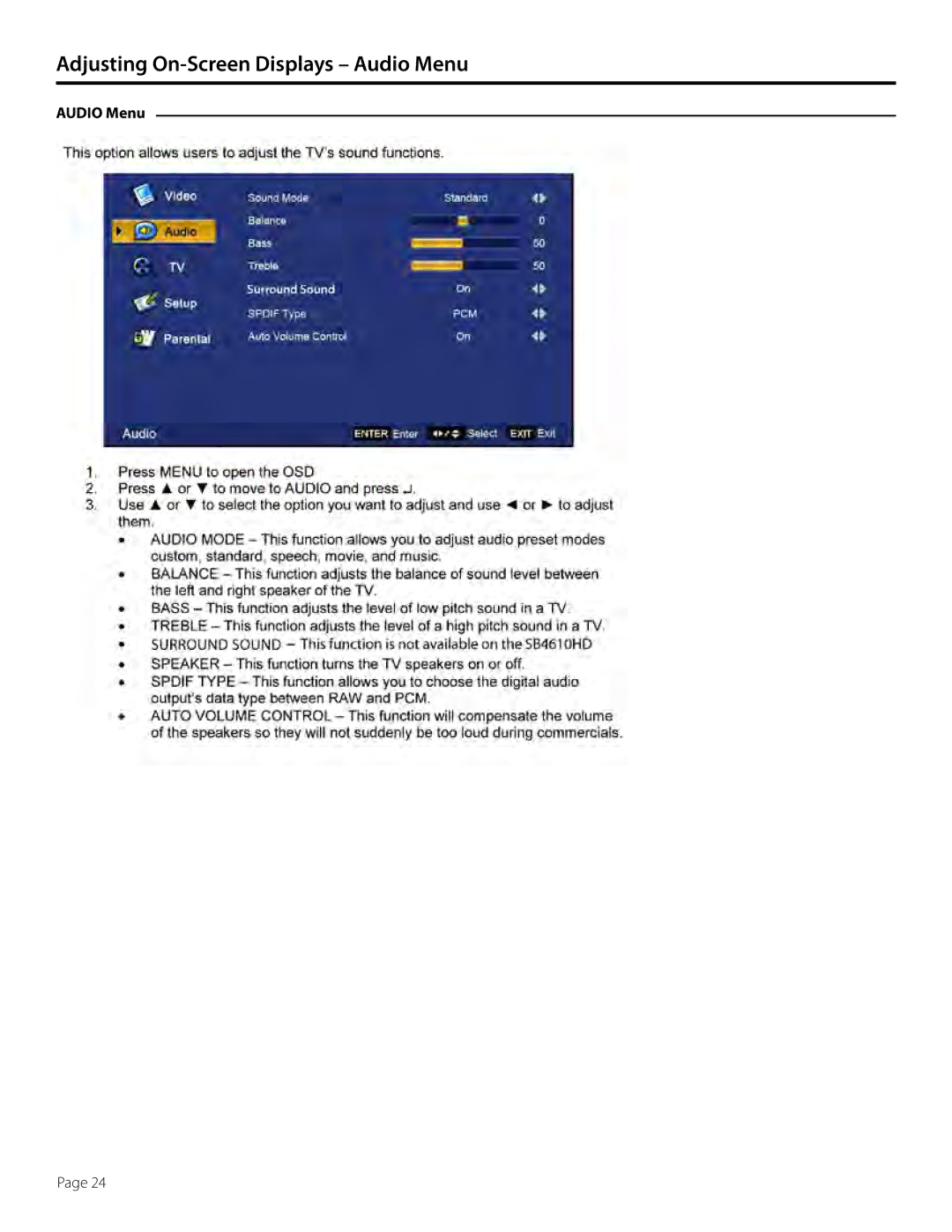 SunBriteTV SB-4660HD-SL, SB-4660HD-BL, 46-006-4660HD-111005 manual Audio Menu 