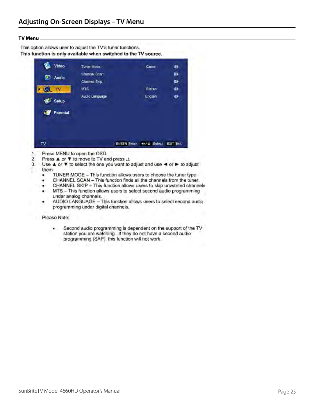 SunBriteTV SB-4660HD-SL, SB-4660HD-BL, 46-006-4660HD-111005 manual TV Menu 