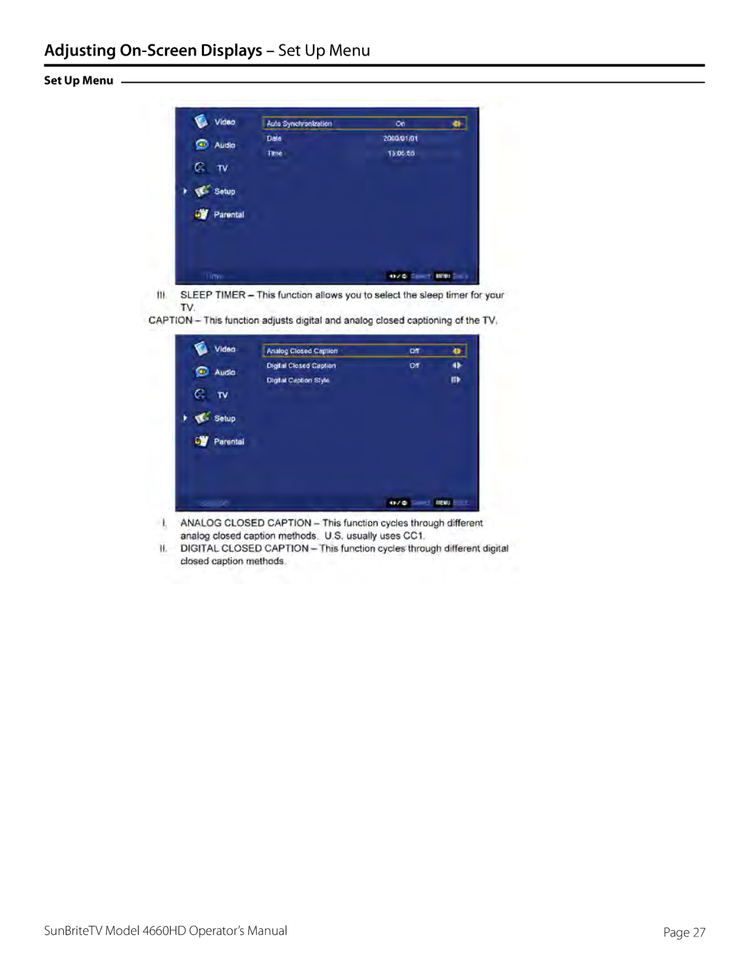 SunBriteTV 46-006-4660HD-111005, SB-4660HD-SL, SB-4660HD-BL manual Adjusting On-Screen Displays Set Up Menu 