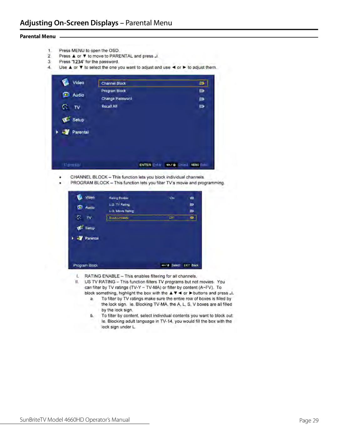 SunBriteTV SB-4660HD-SL, SB-4660HD-BL, 46-006-4660HD-111005 manual Adjusting On-Screen Displays Parental Menu 