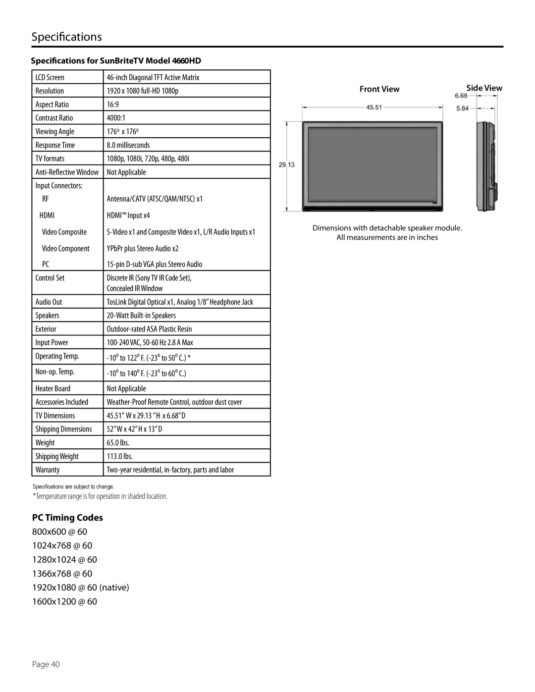 SunBriteTV SB-4660HD-SL, SB-4660HD-BL, 46-006-4660HD-111005 Specifications for SunBriteTV Model 4660HD, Front View 