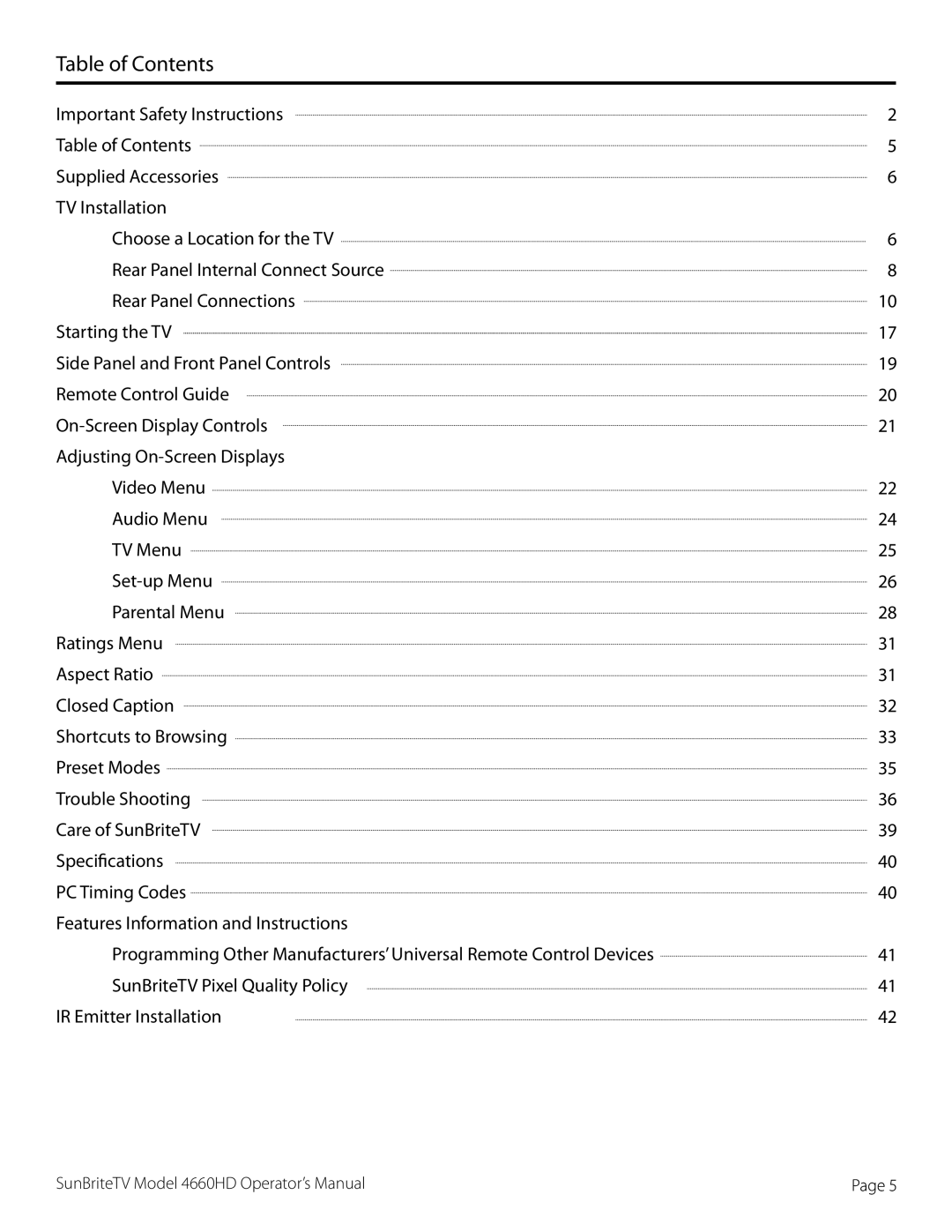 SunBriteTV SB-4660HD-SL, SB-4660HD-BL, 46-006-4660HD-111005 manual Table of Contents 