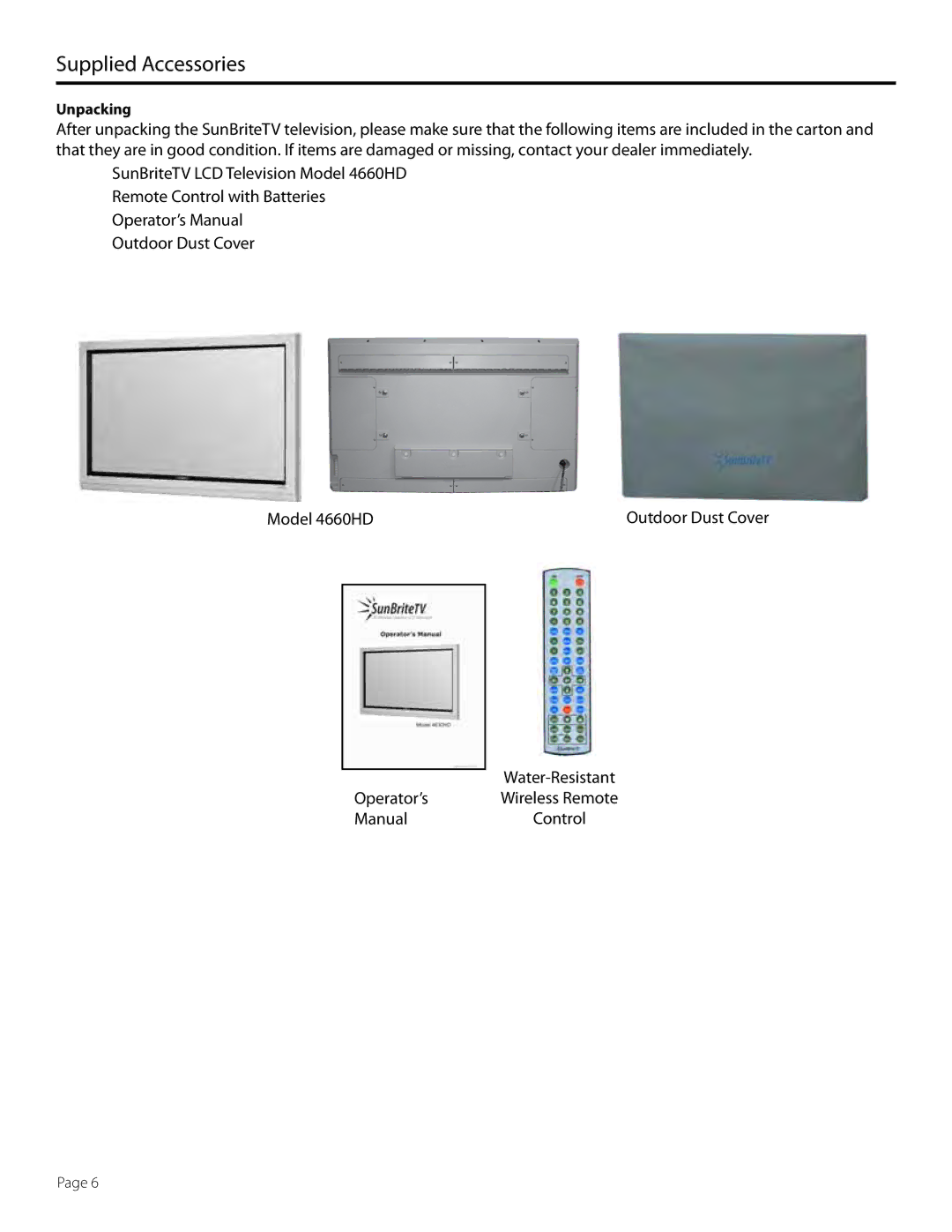 SunBriteTV SB-4660HD-BL, SB-4660HD-SL, 46-006-4660HD-111005 manual Supplied Accessories, Unpacking 
