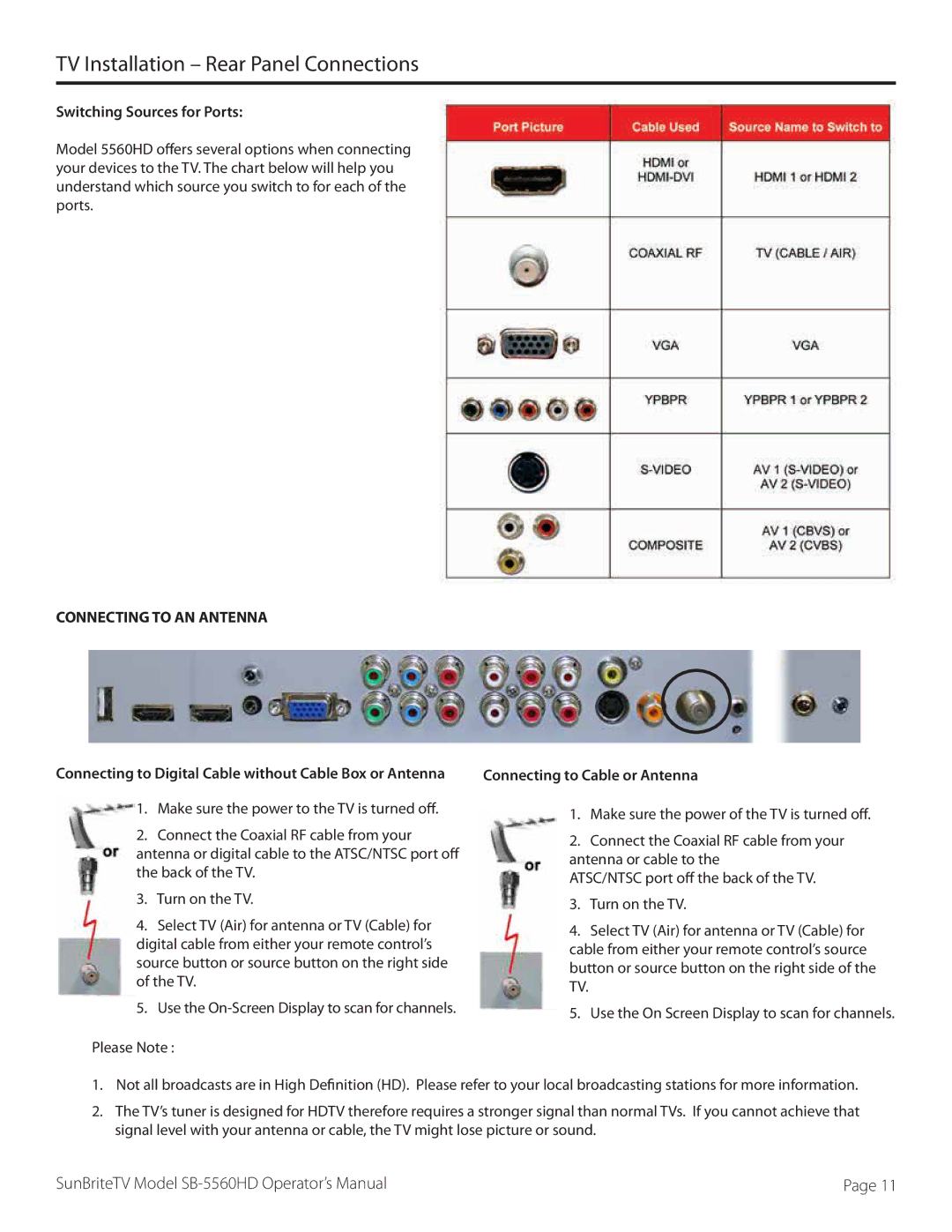 SunBriteTV SB5560HDBL, SB5560HDSL Switching Sources for Ports, Connecting to AN Antenna, Connecting to Cable or Antenna 