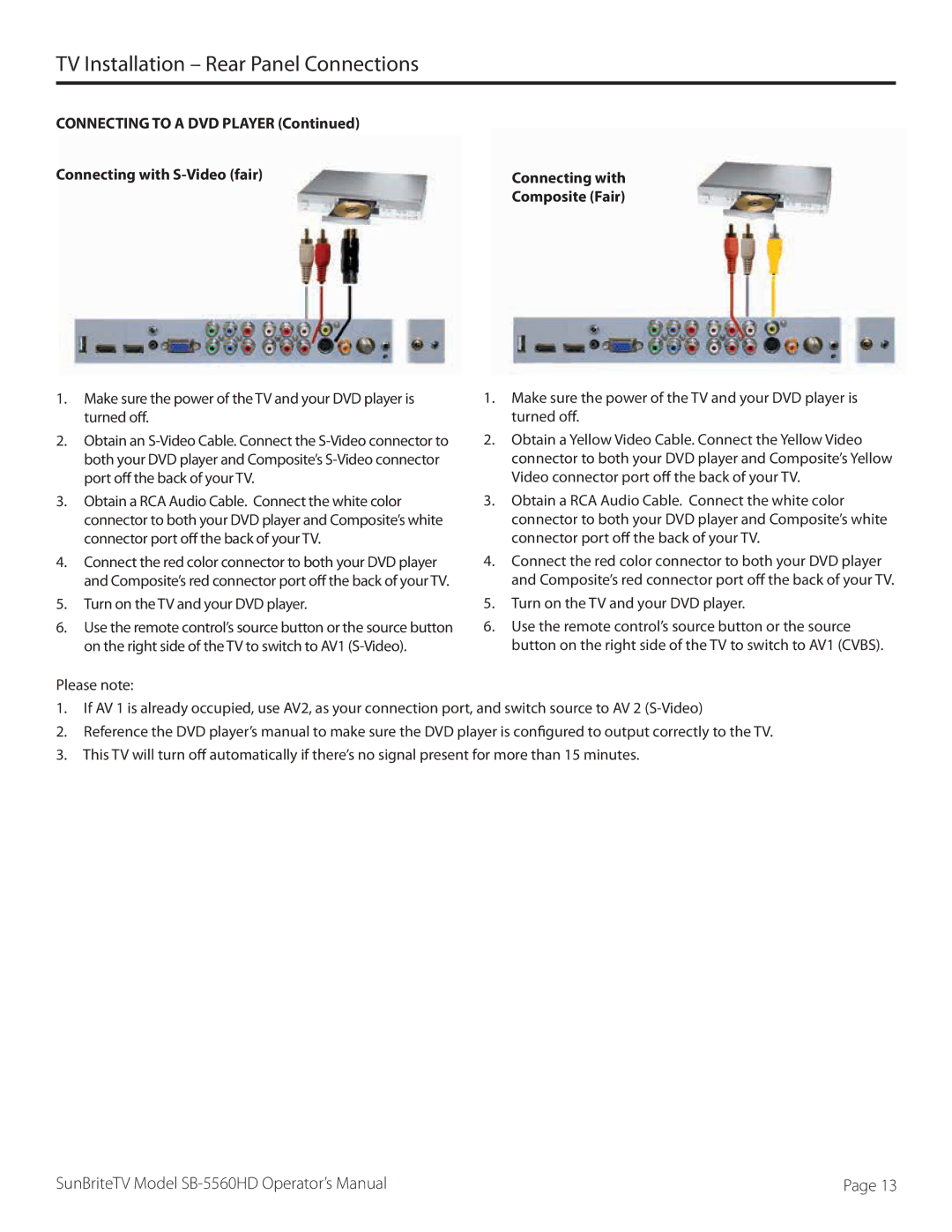 SunBriteTV SB-5560HD-SL, SB5560HDSL, SB5560HDBL, SB-5560HD-BL manual Connecting to a DVD Player Connecting with S-Video fair 